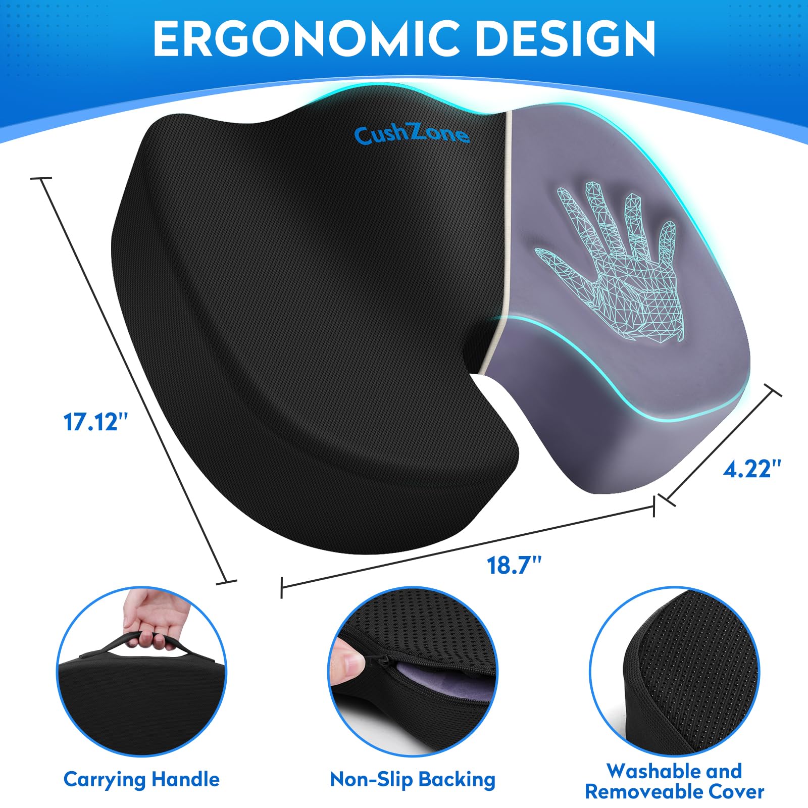 **Extra Large Memory Foam Seat Cushion for Office Chair, Car, Airplane & Wheelchair - Non-Slip Comfort Pad for Desk, Bleachers & Travel - Black (Ideal for Long Sitting, Back Pain Relief & Pressure Relief)**
