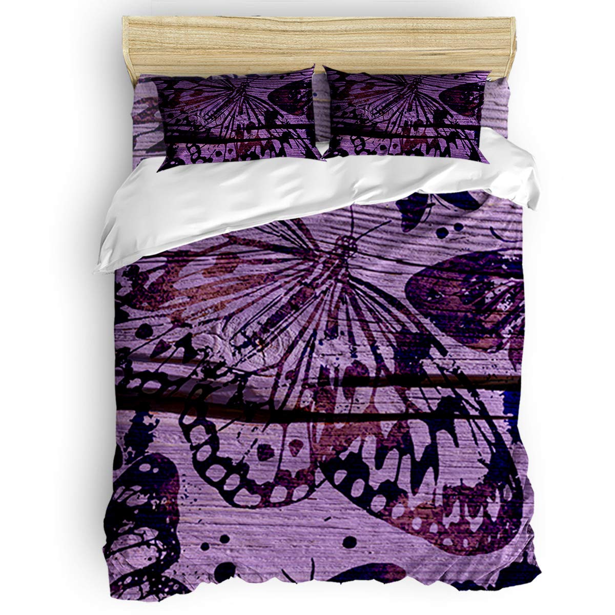 Millxiu King Size 4-Piece Luxury Bedding Set - Duvet Cover, Bed Sheet & 2 Pillowcases with Butterfly Graffiti Wood Grain Design in Purple | Soft & Breathable for Girls, Boys, Teens & Women | Perfect for Master Bedrooms, Guest Rooms & Dormitories