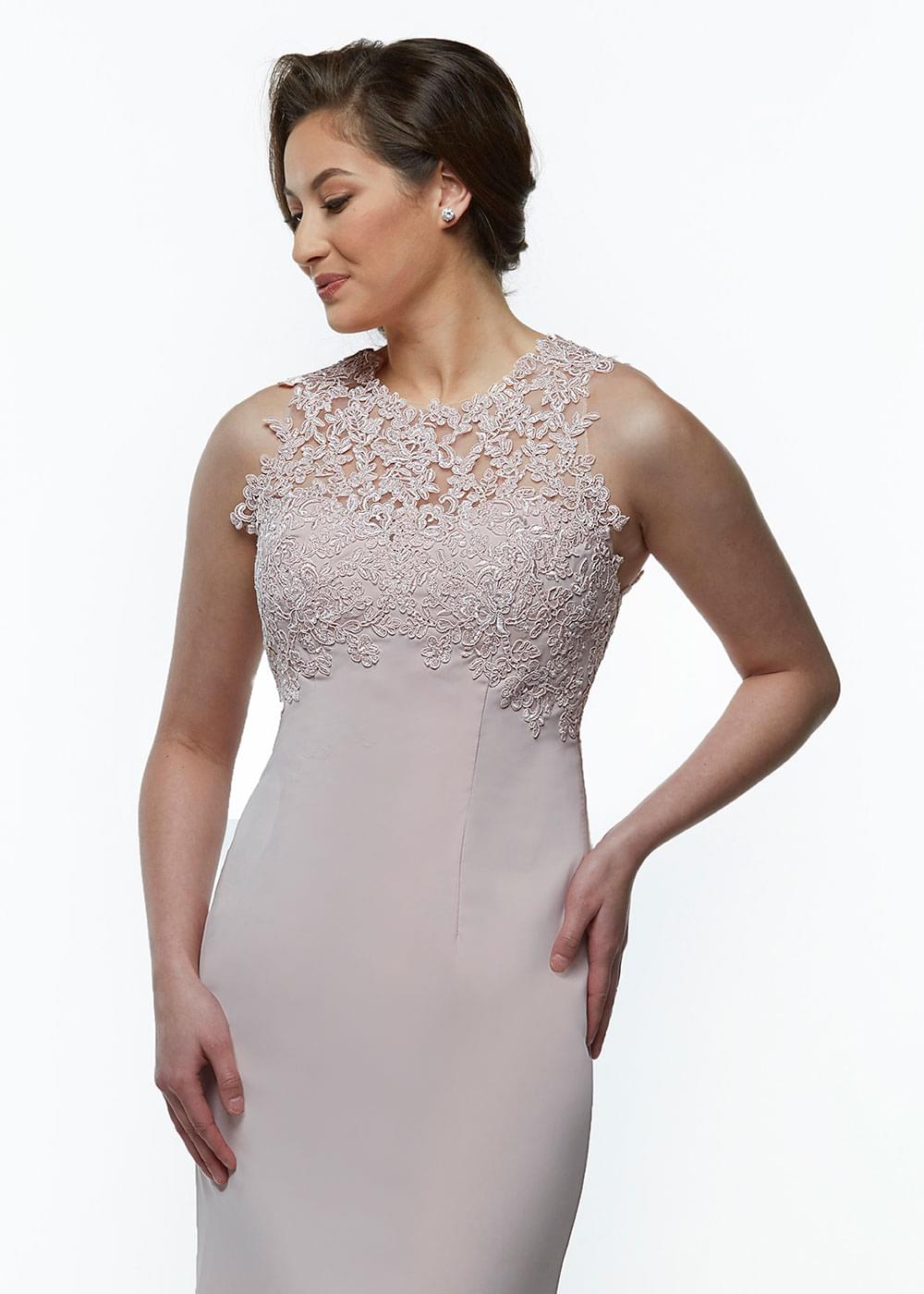 Elegant 80105 Fit and Flare Stretch Chiffon Bridesmaid Dress with Illusion Lace Neckline - Perfect for Weddings, Formal Events & Special Occasions