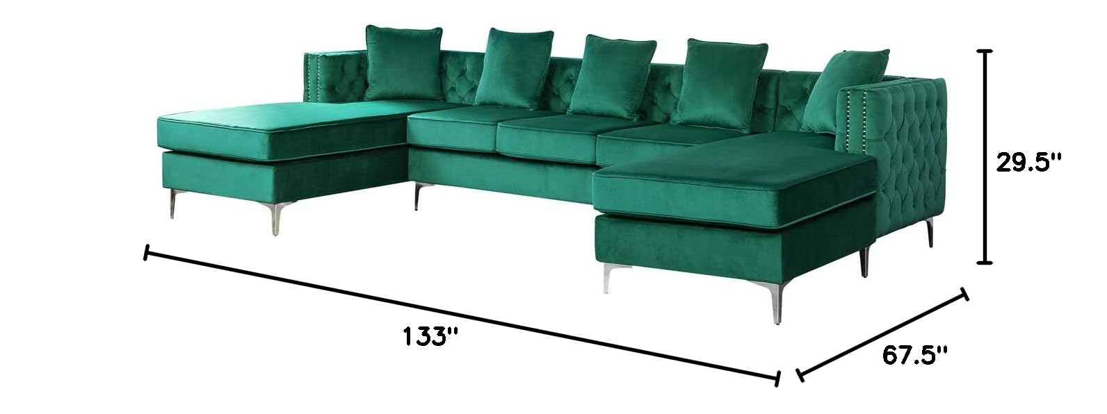 Lilola Home Ryan Green Velvet Double Chaise Sectional Sofa with Nail-Head Trim - Luxurious Velvet Upholstered Living Room Couch for Modern Home Decor