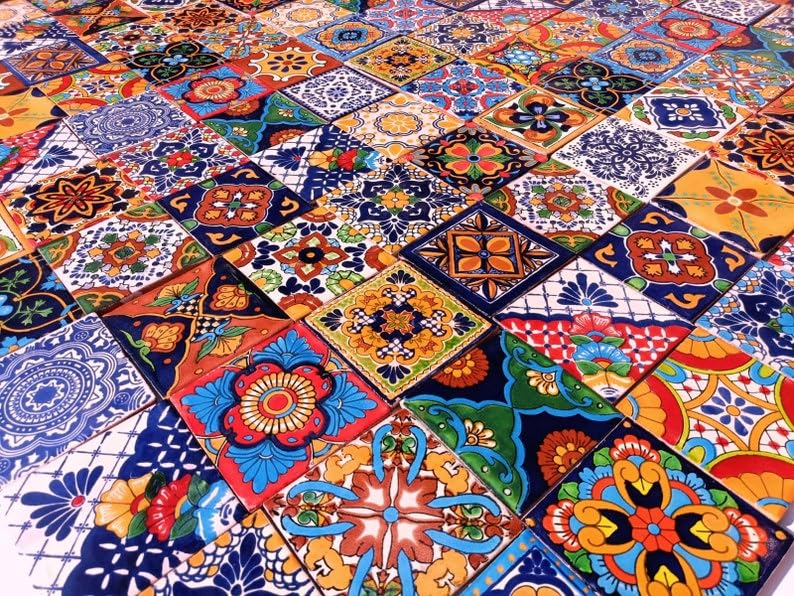 Handmade Mexican Ceramic Tiles - Box of 100 4x4 Inch Assorted Design Tiles for Kitchen Backsplash, Bathroom Wall, and Home Decor