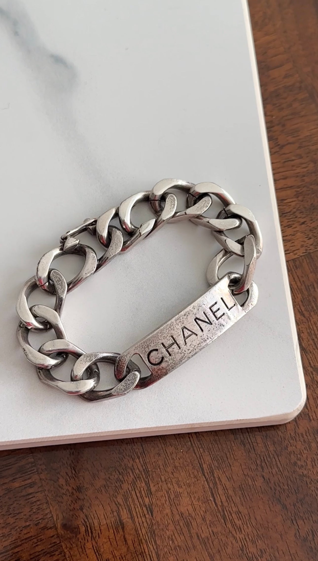 Vintage Chanel 96P Antiqued Silver Logo ID Bracelet - Authentic Luxury Jewelry for Women | Perfect for Parties, Weddings & Everyday Elegance