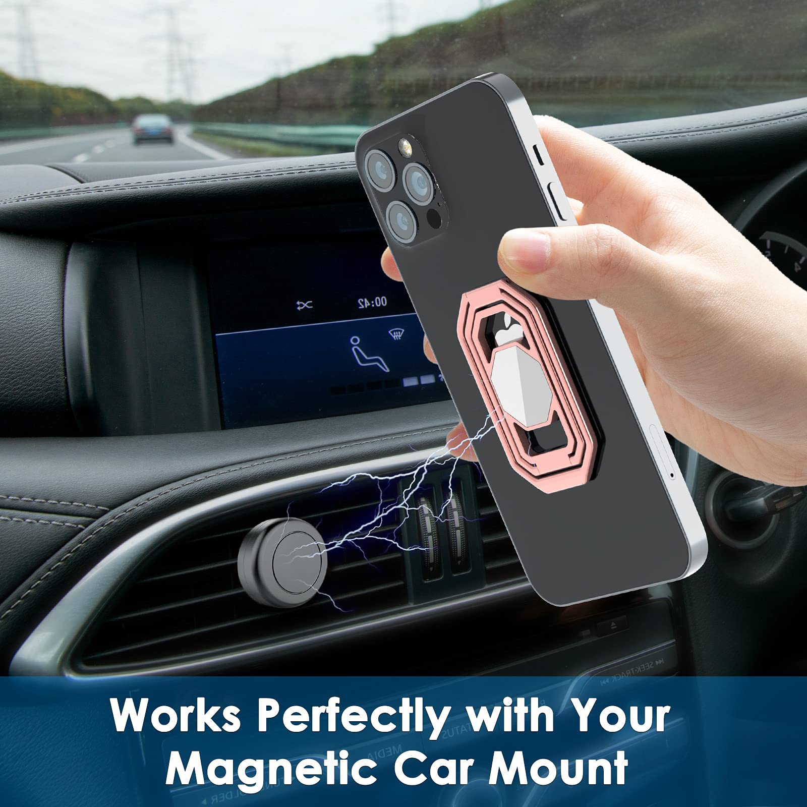 360° Rotating Metal Phone Ring Holder & Kickstand - Magnetic Car Mount, Foldable Phone Grip Stand for iPhone, Samsung, Pixel (Perfect for Driving, Video Calls & Hands-Free Viewing)
