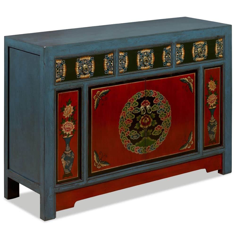 Antique Tibetan Cabinet with Elmwood Peony & Butterfly Motif - Handcrafted Asian Furniture for Home Decor, Living Room Storage, Meditation Space