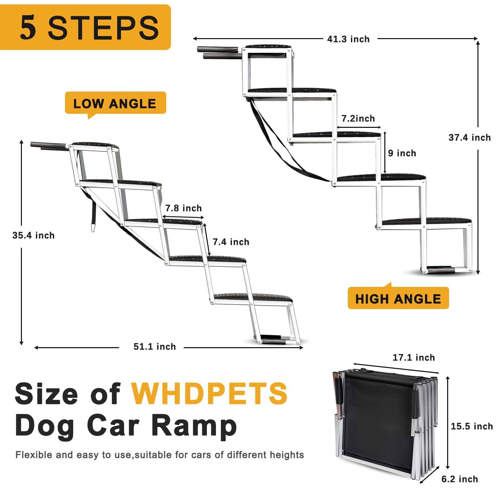 Portable Aluminum Dog Car Ramp for Large Dogs - Foldable Pet Ramp with Non-Slip Surface, Lightweight Dog Stairs for SUV, Trucks & High Beds (Supports 200 lbs, 5 Steps) - Perfect for Travel, Vet Visits & Home Use