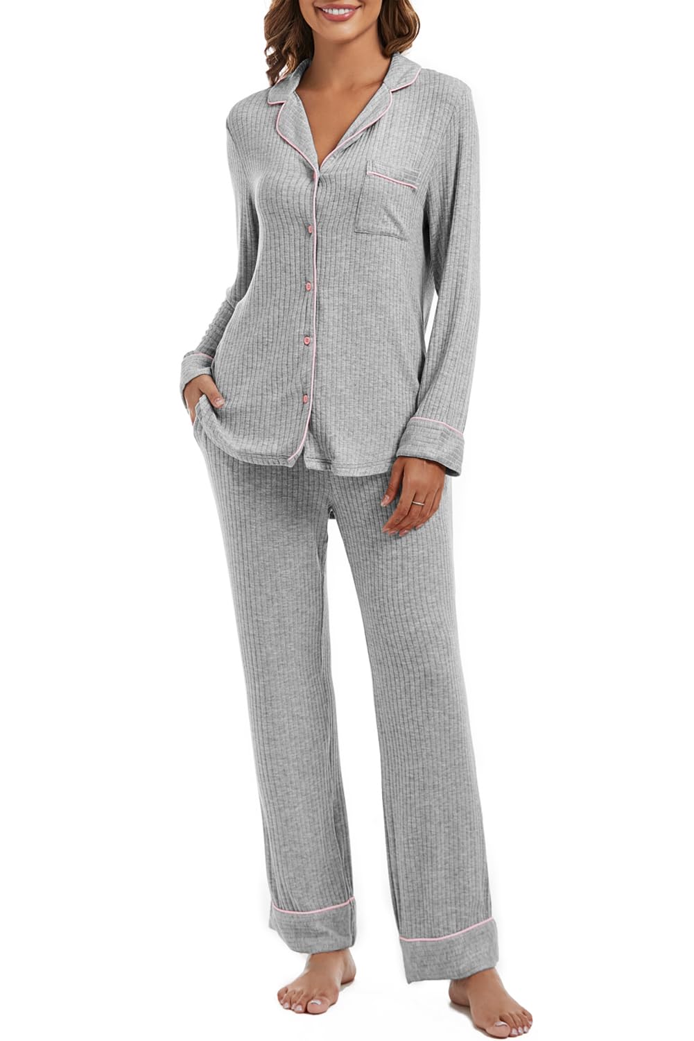 Women's Soft Knit Pajama Set - Long Sleeve Button Down Sleepwear for Cozy Nights