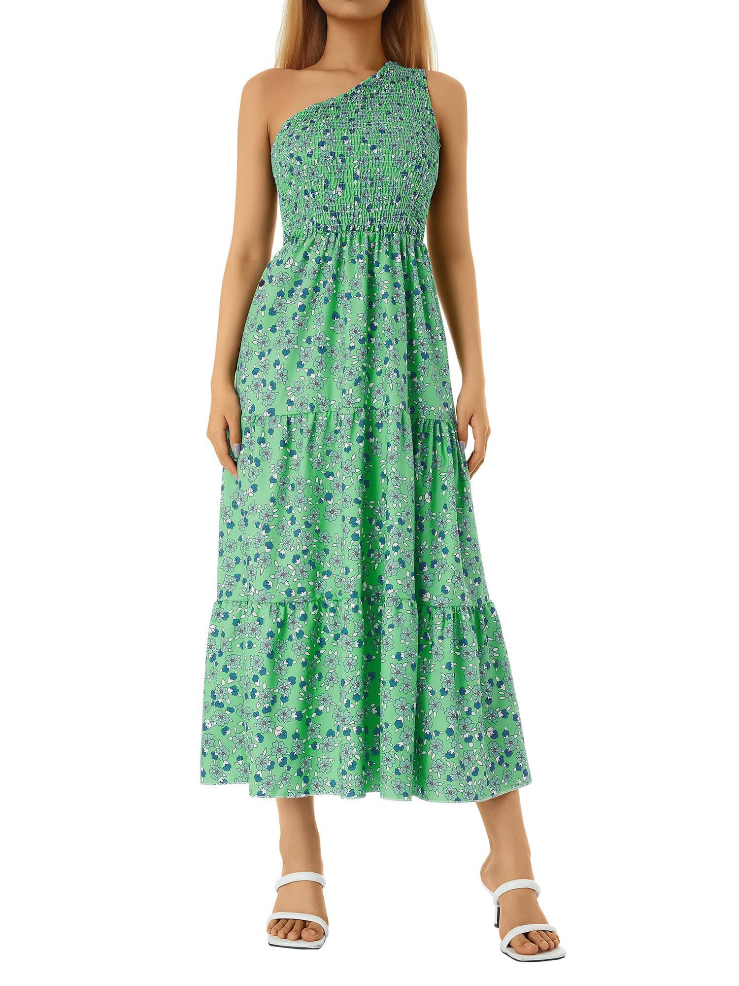 Elyincii Women's One Shoulder Sleeveless Boho Long Dress - Beach Swing Dress for Summer Vacation, Date Night & Party Wear