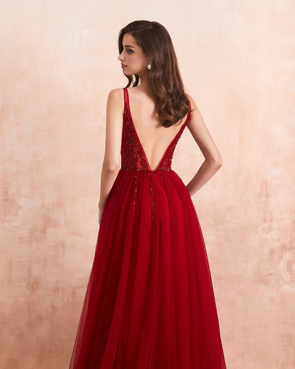 Elegant Beaded Prom Dresses - Long Sexy V-Neck High Slit Tulle Evening Gown with Sweep Train | Sleeveless A-Line Backless Formal Dress for Homecoming, Wedding, Party & Special Occasions