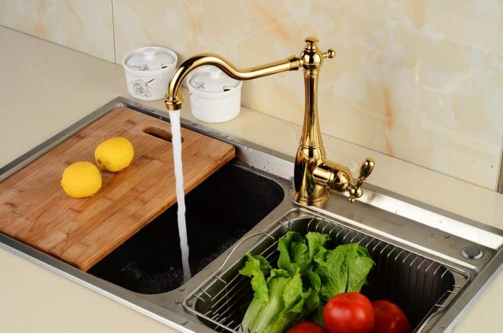 Gold Plated Single Handle Kitchen Sink Faucet - 360° Swivel Deck Mount Mixer Tap with Hot & Cold Water - Perfect for Modern Homes & Restaurant Use