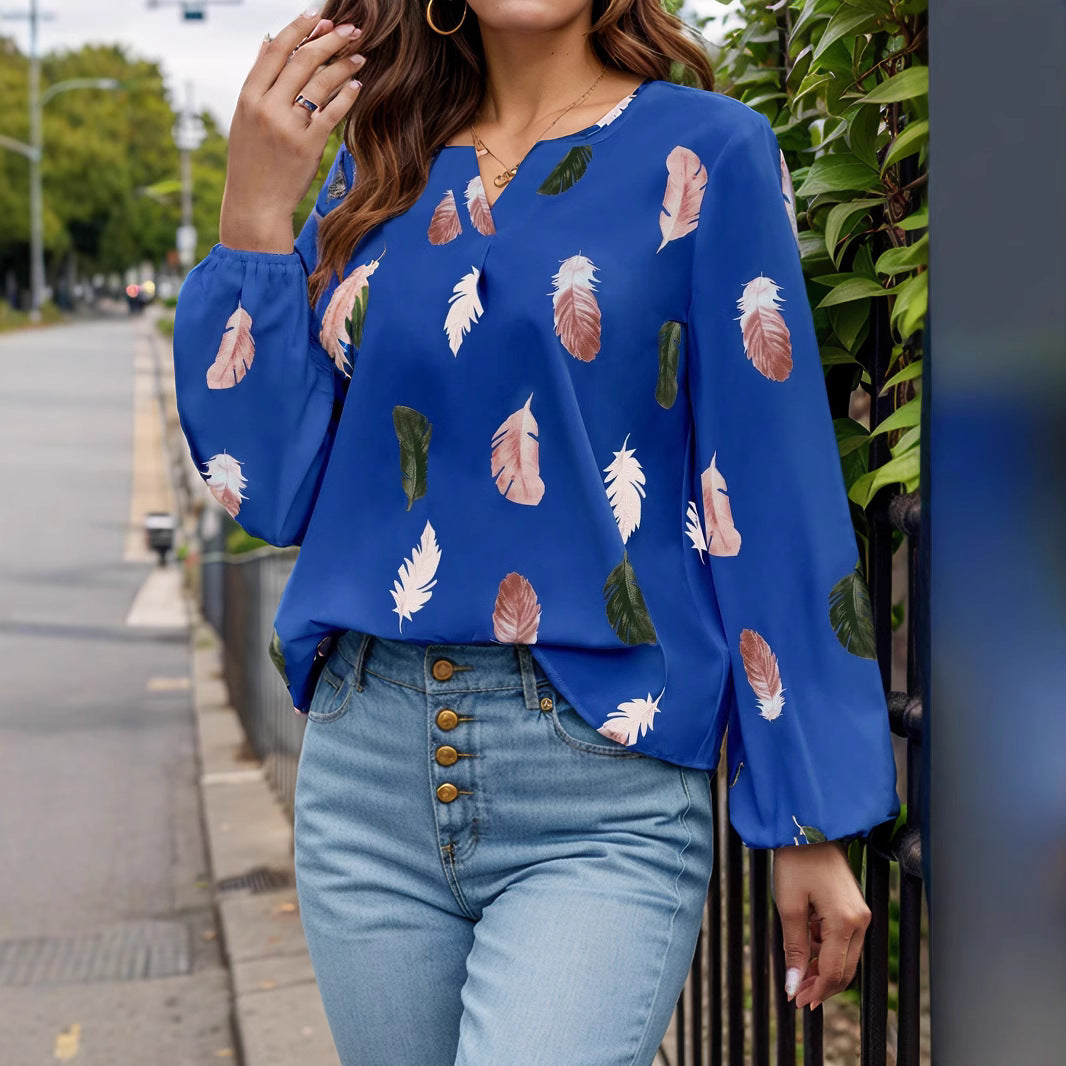 Stylish Feather Print Notched Balloon Sleeve Blouse for Women | Trendy Floral Design Casual & Party Tops | Perfect for Date Night, Office Wear & Summer Outfits