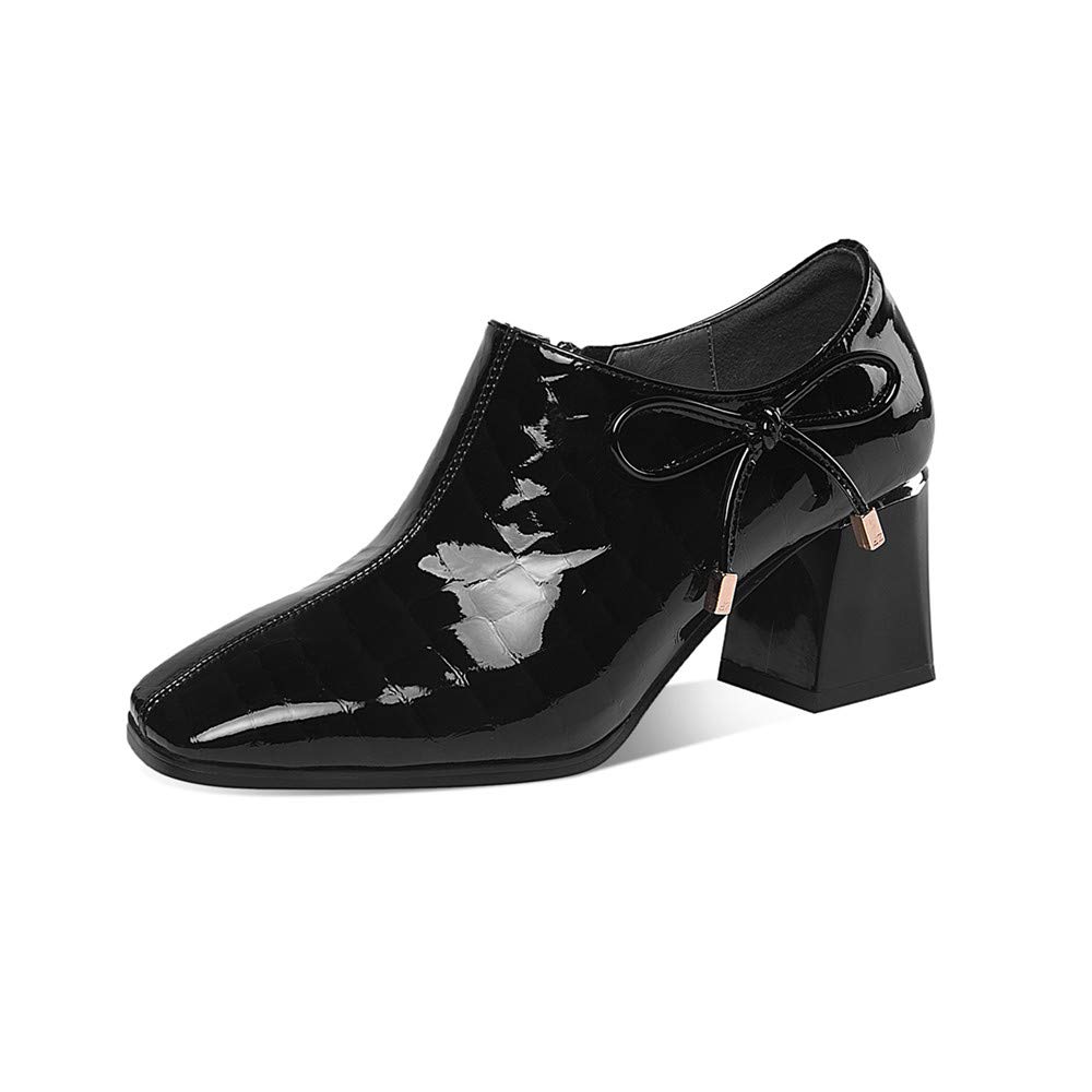 TinaCus Women's Square Toe Patent Leather Chunky Heel Pumps - Handmade Mid Heel Dress Shoes with Zipper & Bow Detail for Office, Party & Casual Wear