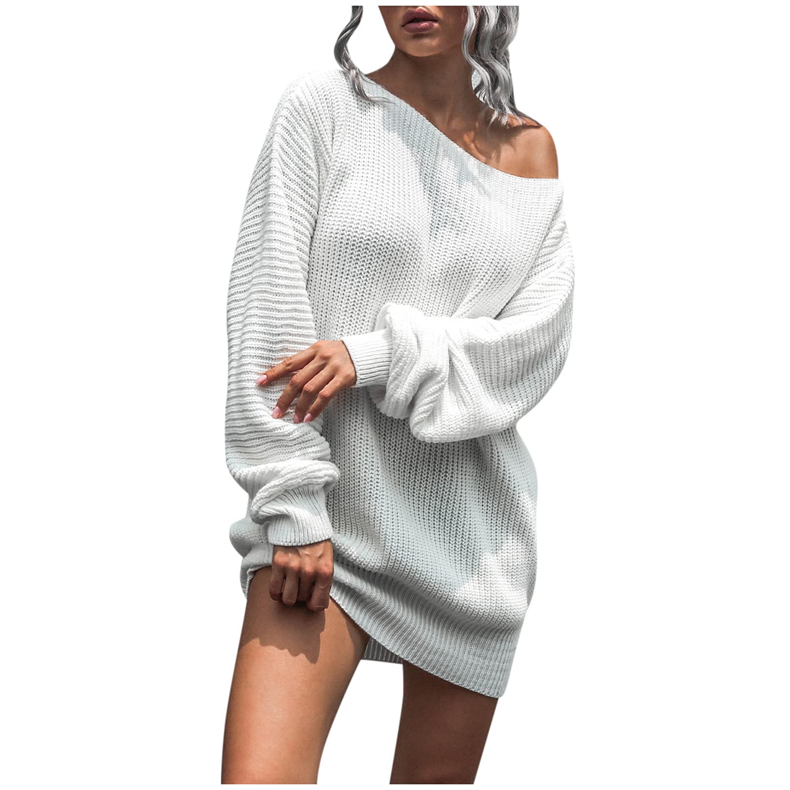 WUTYU Women's Casual Off Shoulder Oversized Sweater Dress - Long Sleeve Loose Mini Pullover Dress (White, Size L) | Perfect for Fall Layering, Date Nights & Cozy Winter Outfits
