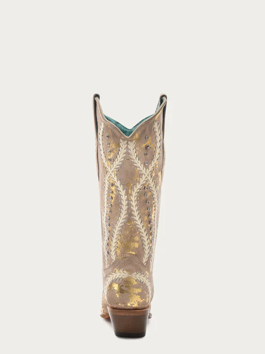 Women's White Embroidered Cowboy Boots with Crystals, Studs & Gold Accents - Stylish Snip Toe Western Boots for Country Music Festivals, Rodeos & Casual Outfits
