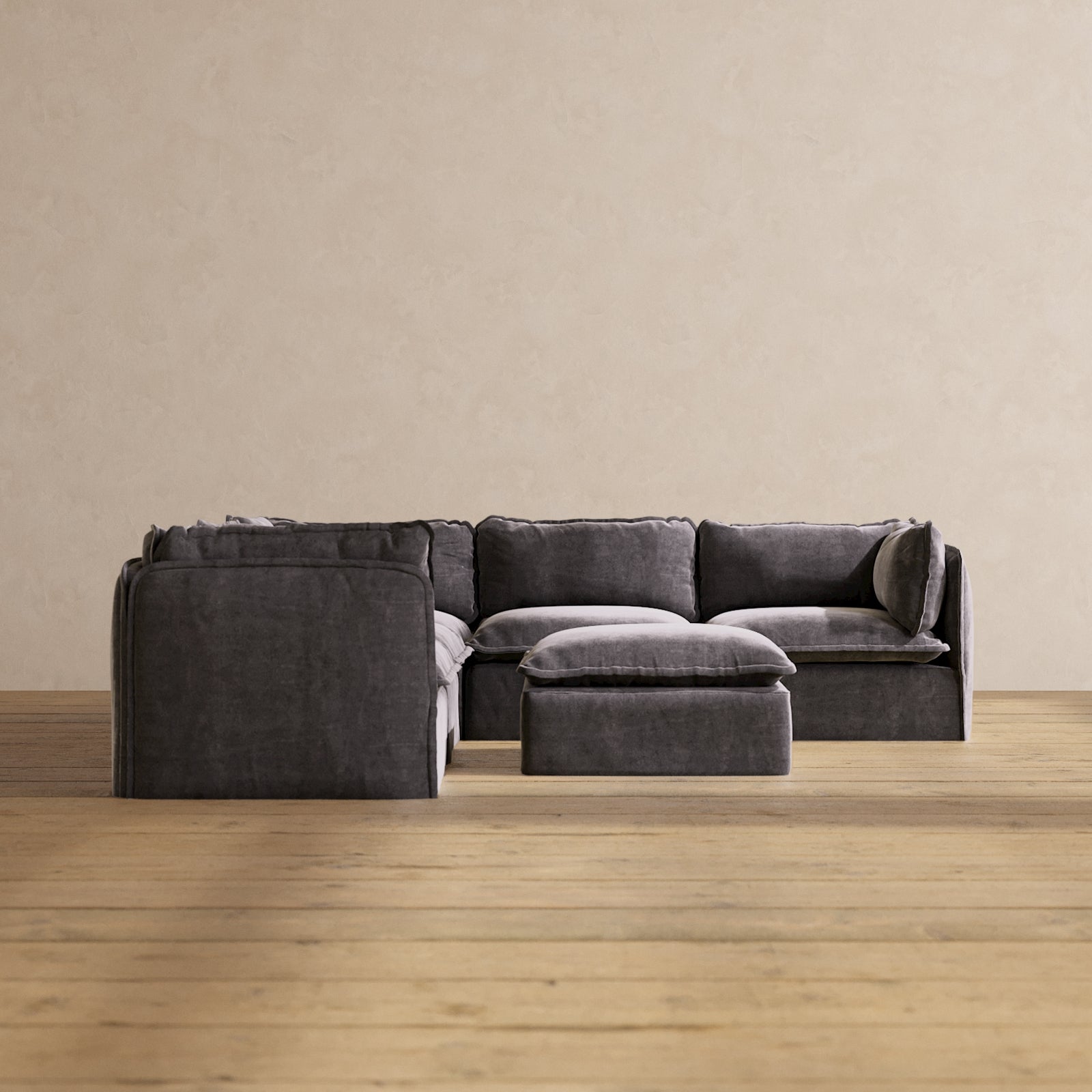 Premium 5-Seater Modular Corner Sectional Sofa with Ottoman in Cinder Gray - Luxury Blend Fabric for Living Room, Family Room & Home Theater Comfort