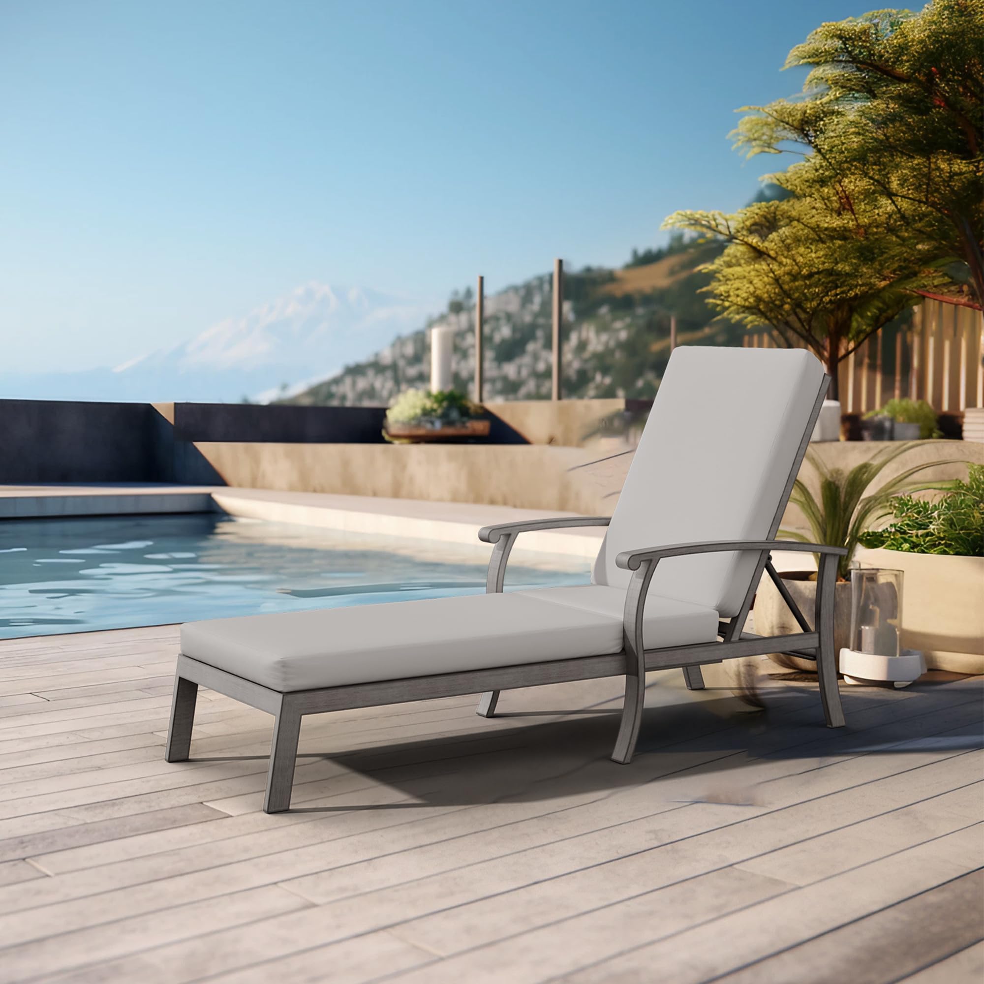 Adjustable Aluminum Patio Chaise Lounge Chair with Greige Cushion - All-Weather Outdoor Recliner for Deck, Beach, Poolside & Backyard Relaxation | Perfect for Sunbathing, Lounging & Outdoor Entertaining