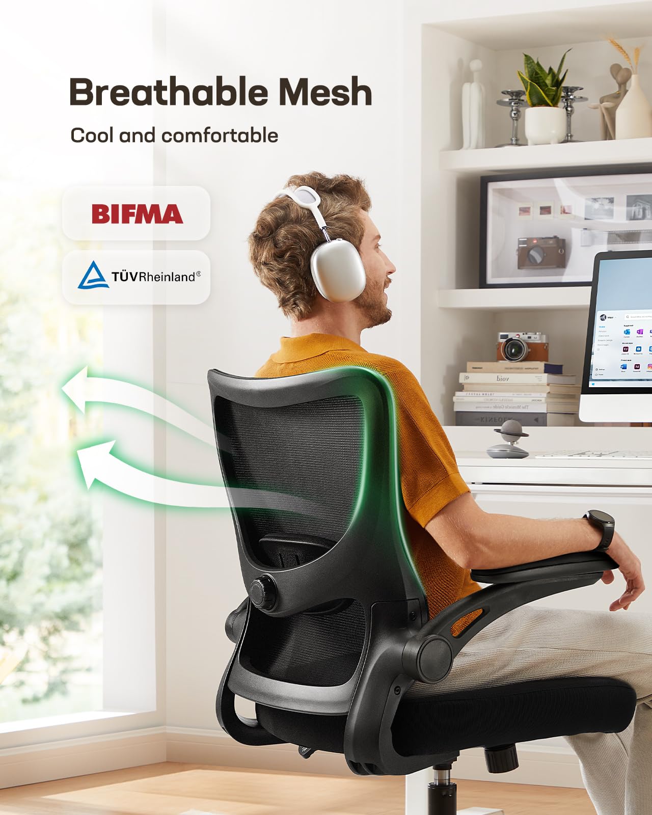 Ergonomic Office Chair with Adjustable Lumbar Support & 3-Way PU Armrests - Breathable Mesh Computer Desk Chair for Home Office, Gaming & Work - Comfortable Swivel Task Chair with Rolling Wheels for Long Hours Sitting