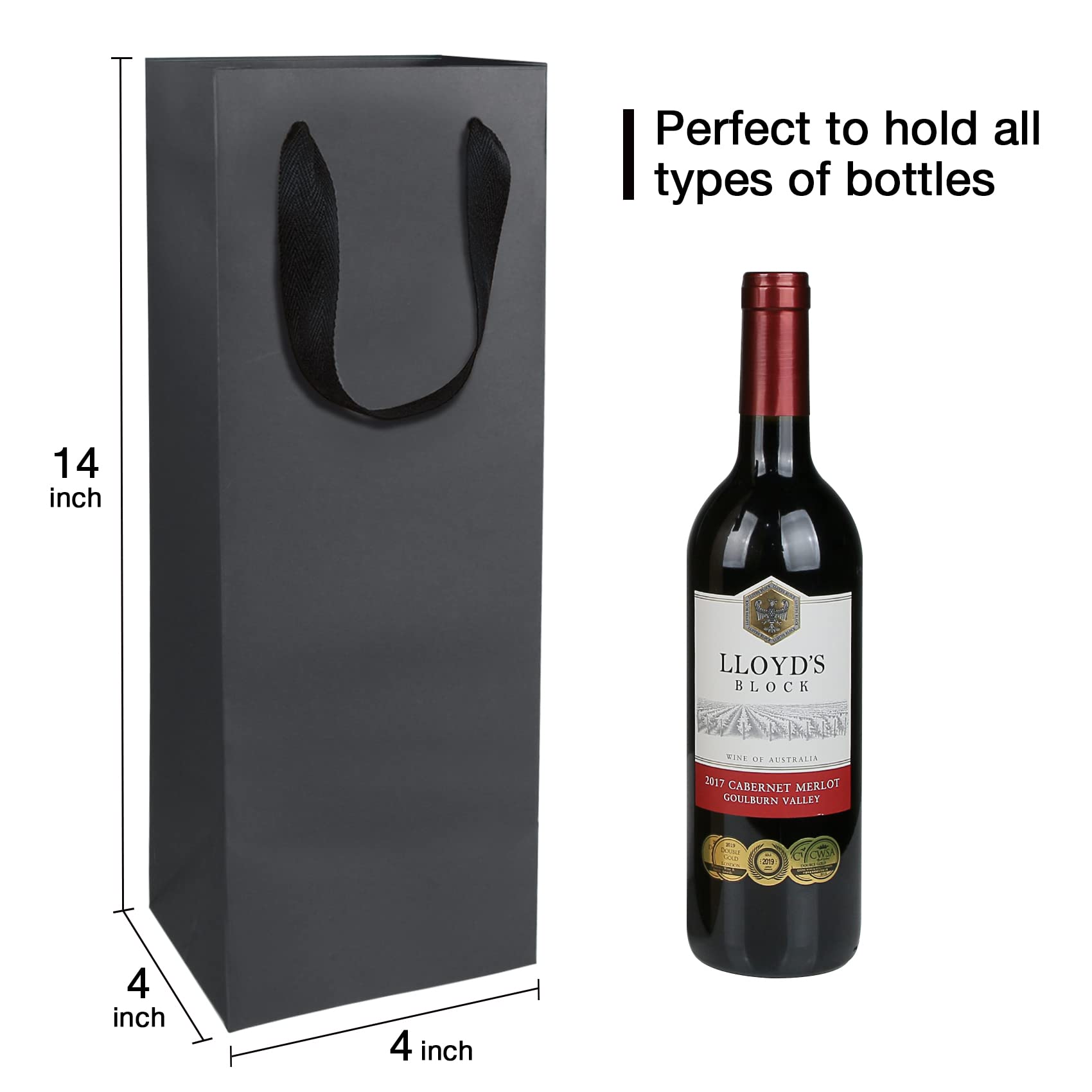 20 Pack Black Wine Bottle Bags Bulk 4x4x14 Inch - Kraft Paper Gift Bags with Handles for Champagne, Alcohol & Liquor Retail - Perfect for Gifts, Weddings & Party Favors