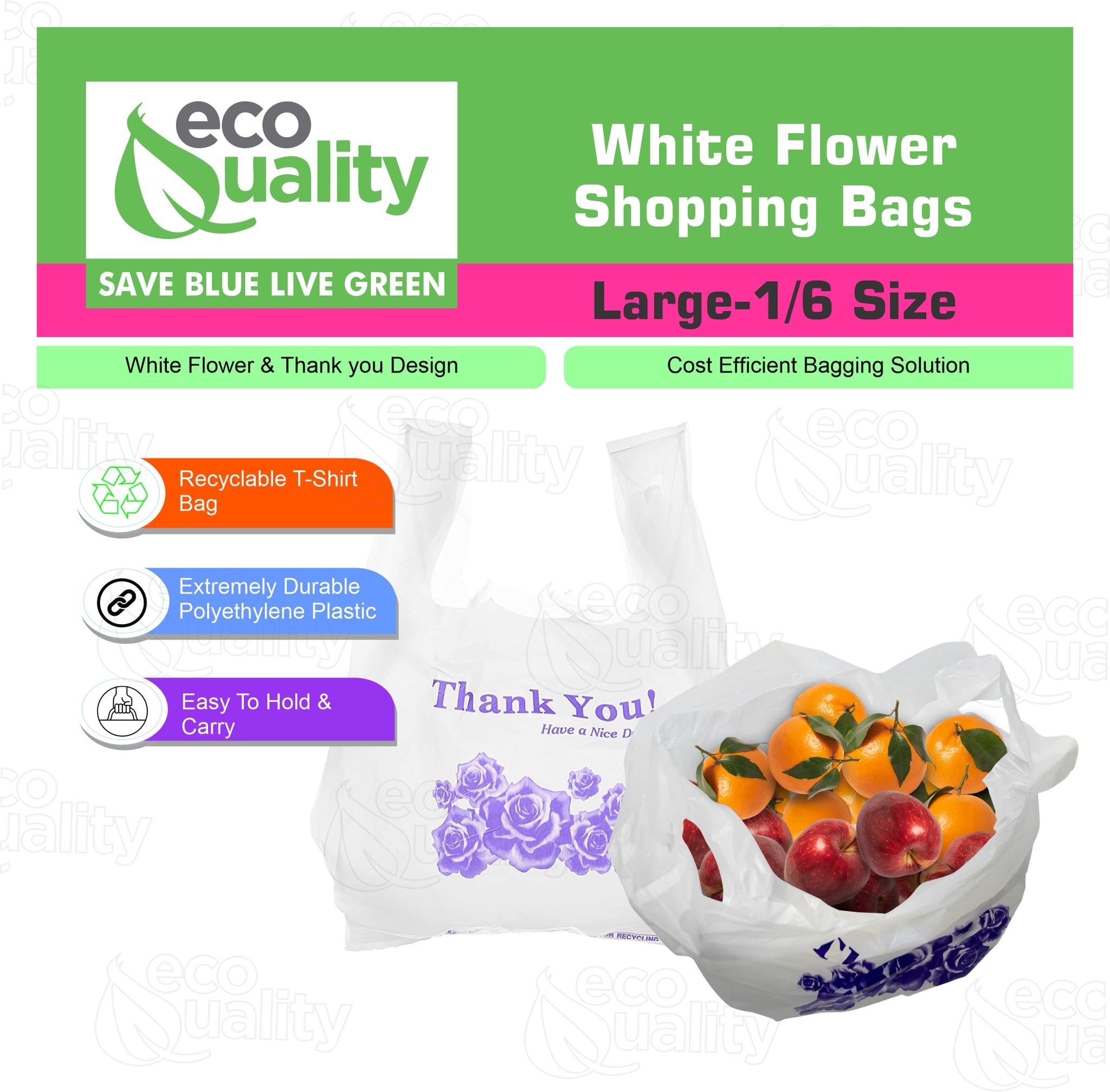EcoQuality Plastic White Flower T-Shirt Bags 1600ct - 1/6 Size Reusable Shopping Bags, Grocery Bags & Poly Bags (22