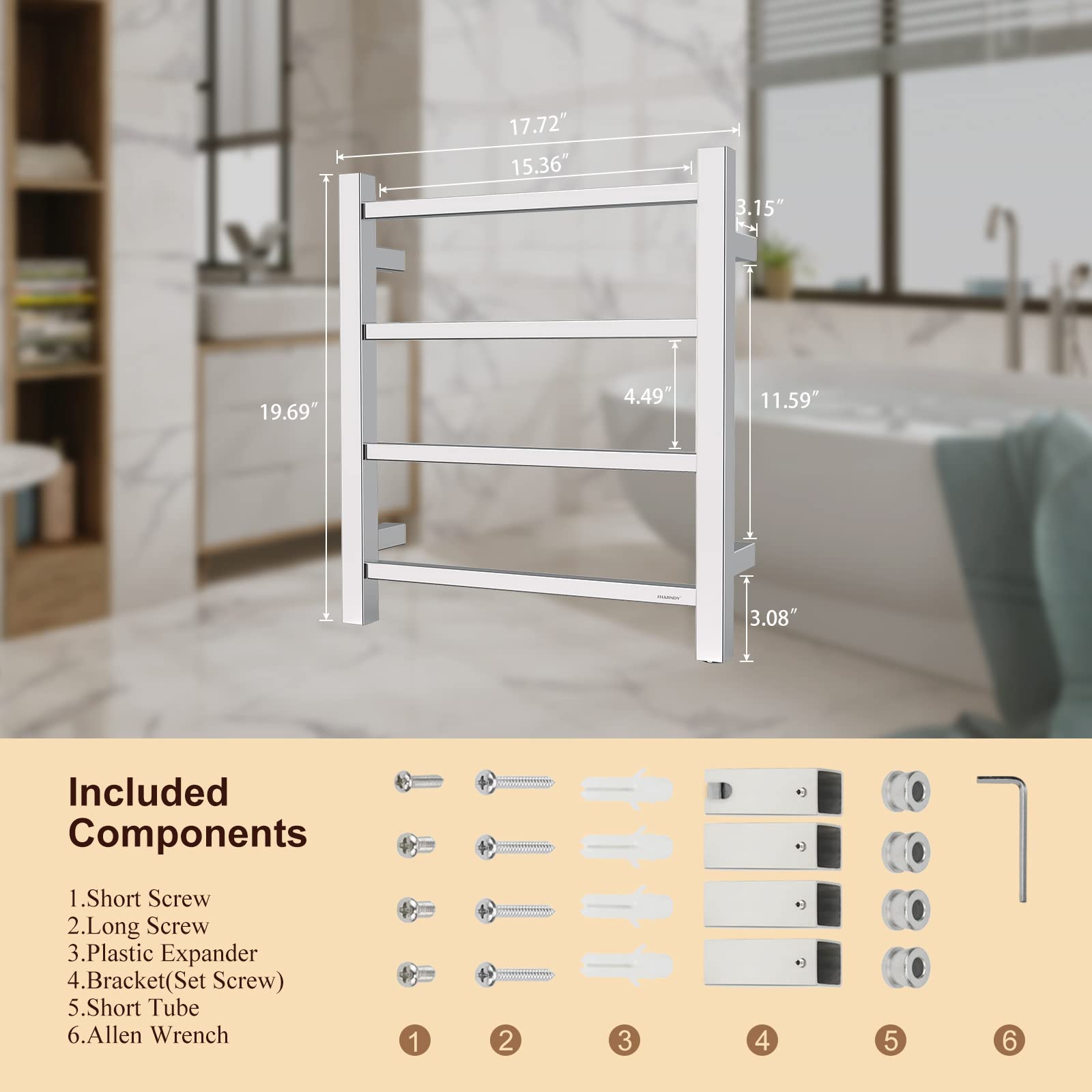 Polished Chrome Electric Towel Warmer - Wall Mounted Bathroom Heated Towel Rack, Stainless Steel 4-Bar Design (19.69x17.71x4.33 inches), 35W Plug-in Drying Rack for Spa, Luxury Bathroom & Home Use - Model ETW13-2A