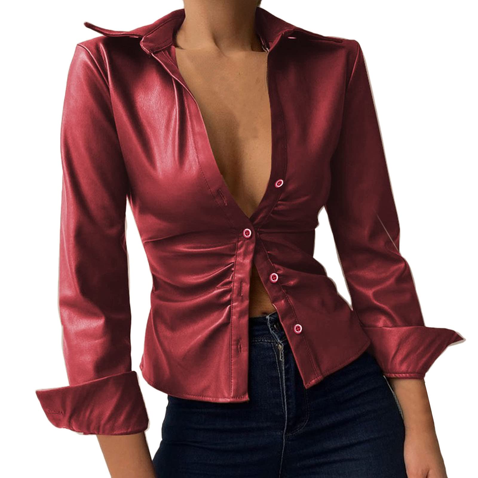 MLAGJSS Women's Long Sleeve Shirt, Fashion Lapel Solid Color Leather T-Shirt Top for Women - Perfect for Office, Dating & Casual Wear