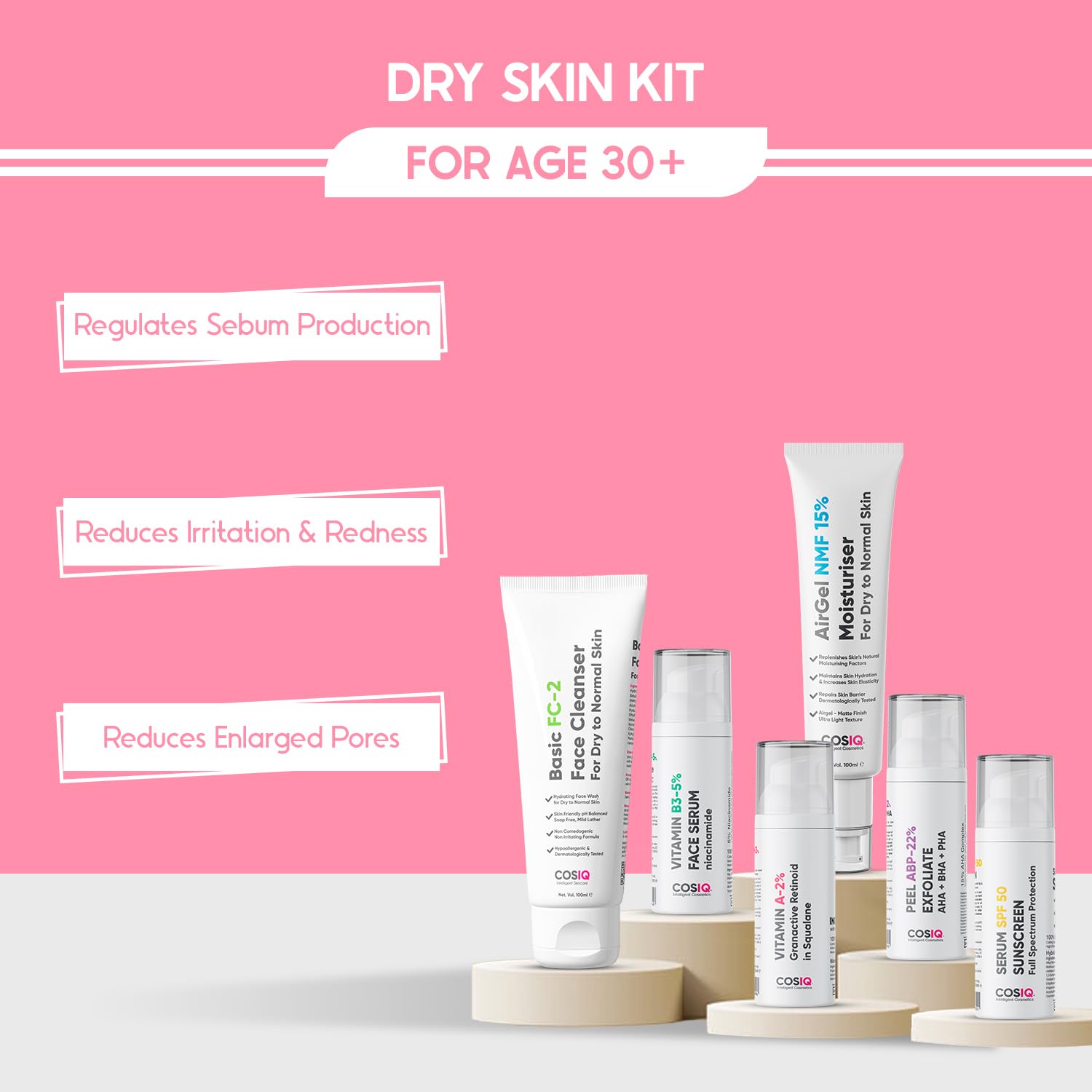 **Cos-IQ Complete Anti-Aging Skincare Kit for Dry Skin (30+ Years) – SPF 50 Sunscreen, 22% ABP Exfoliating Peel, 5% Niacinamide Serum, 15% AirGel Moisturizer, 2% Retinoid, FC-2 Face Wash – Daily Hydration & Wrinkle Reduction for Mature Skin**    *(Perfect for Dry Skin Care Routine, Sun Protection, Nighttime Repair & Anti-Aging Regimen)*