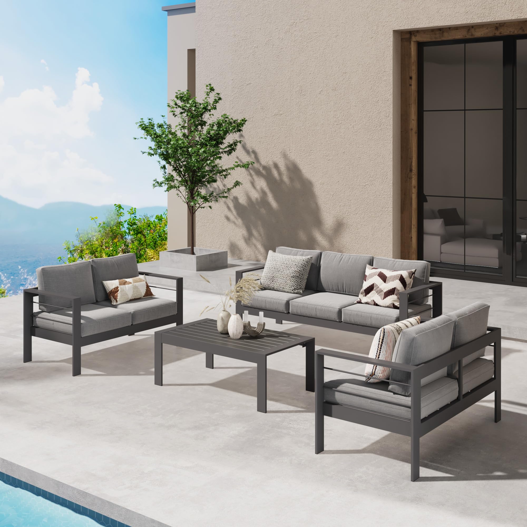 Modern Wisteria Lane Aluminum Outdoor Patio Furniture Set - 5-Piece Dark Grey Metal Sectional Sofa with Cushions & Coffee Table for Balcony, Garden, Poolside & Backyard Relaxation