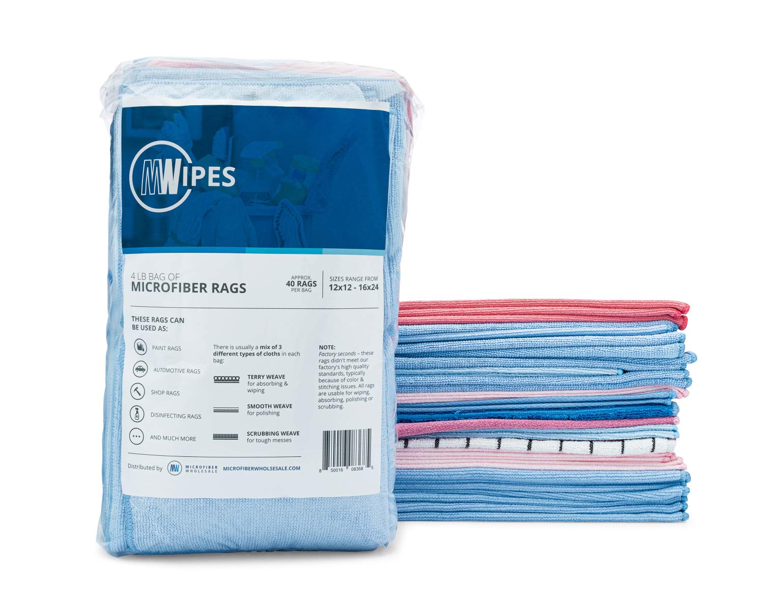 Mwipes™ Heavy-Duty Microfiber Cleaning Cloths - 6 Bags (240 Rags Total, 24 lbs) for Commercial & Industrial Use - Perfect for Auto Shops, Restaurants, and Janitorial Services
