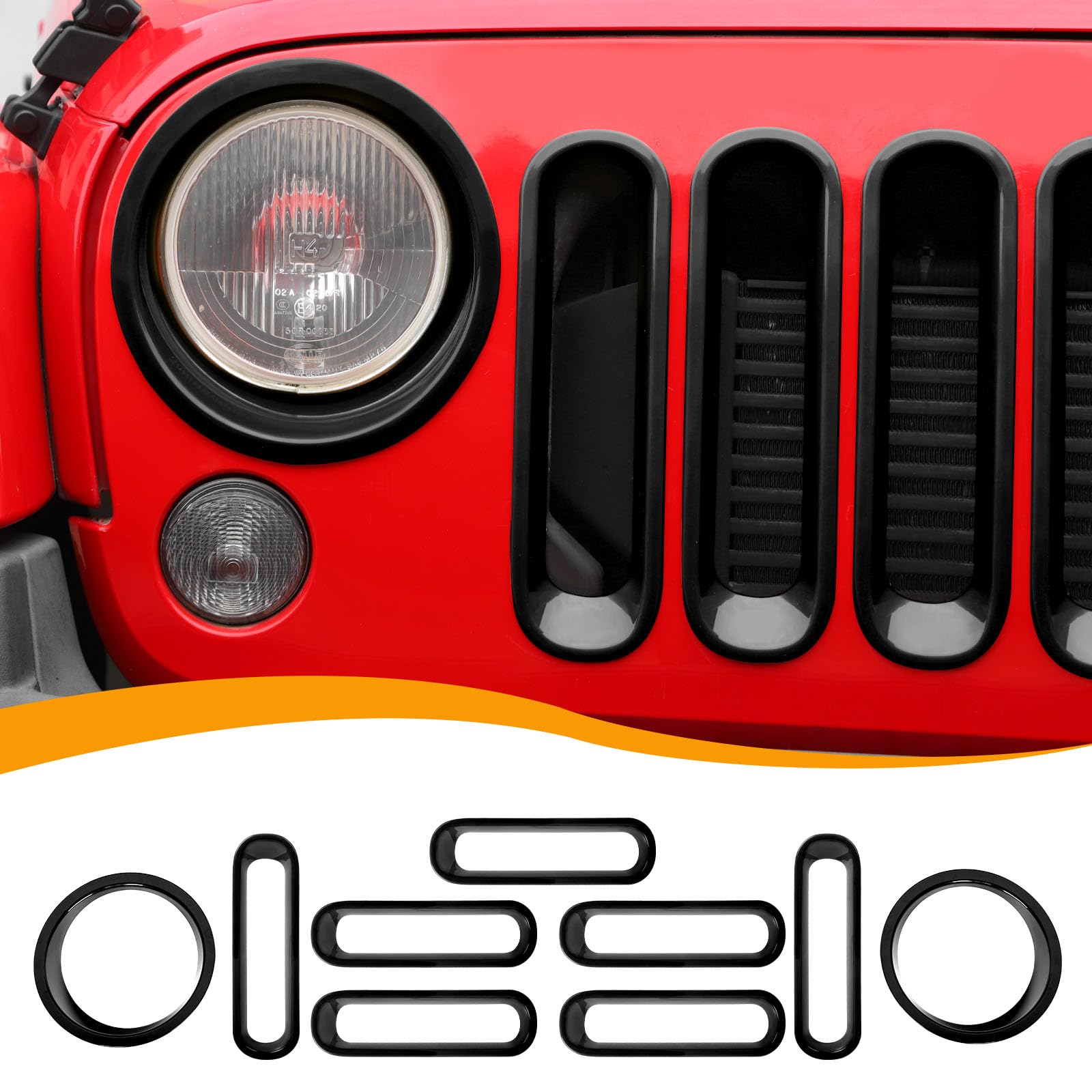 Hoolcar Front Grille Insert Cover & Headlight Bezel Cover Trim for Jeep Wrangler JK JKU 2007-2017 | Black Exterior Accessories | Off-Road Style Upgrade & Customization