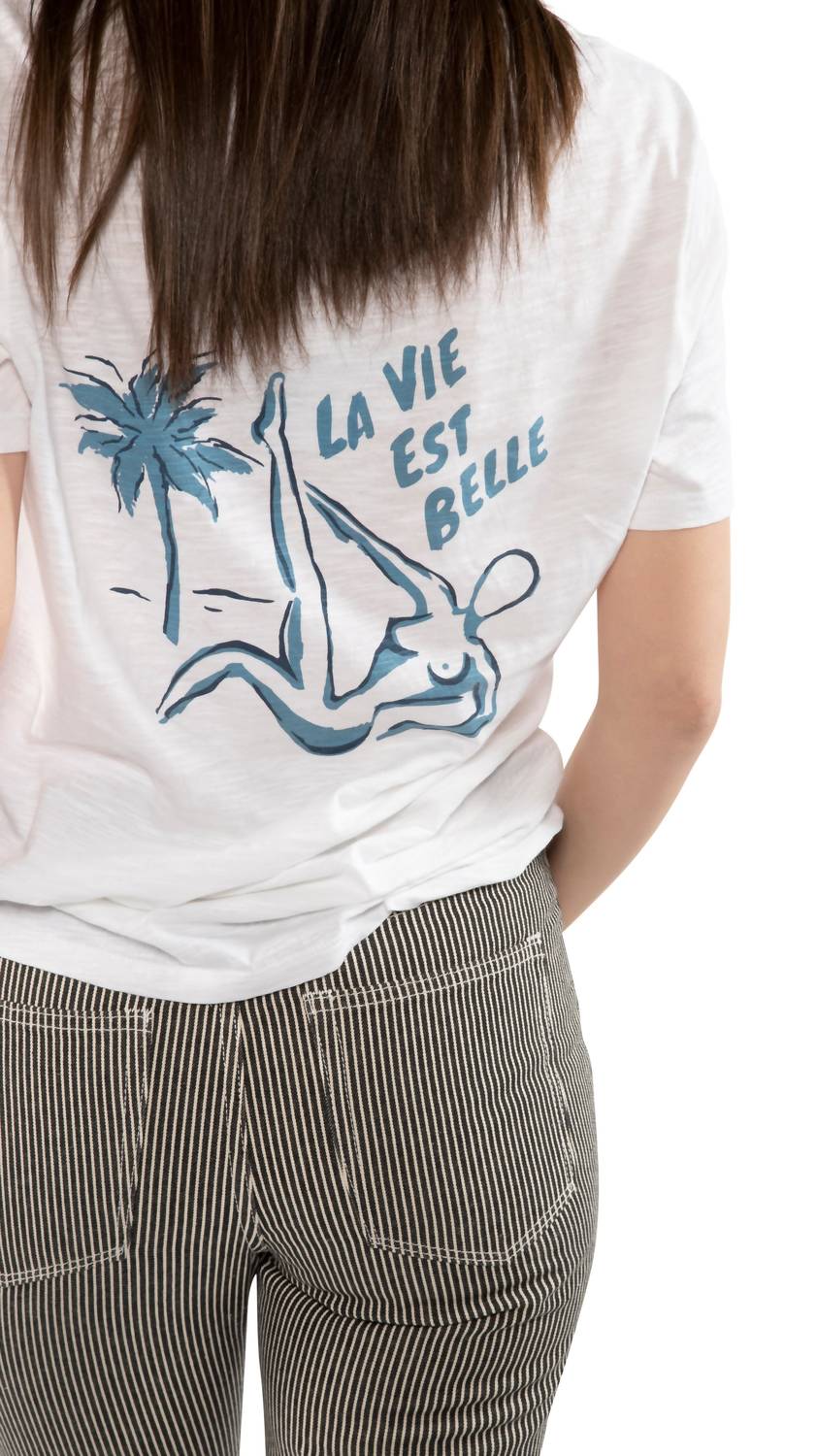 La Vie Est Belle Graphic Short Sleeve Knit Tee in Chalk - Women's Casual Cotton T-Shirt for Everyday Wear & Outfits