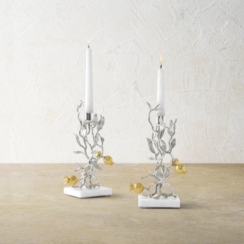 Elegant Silver & Gold Pomegranate Candle Holders Set of 2 - Perfect for Holiday Decor, Wedding Centerpieces, and Home Tabletop Decorations