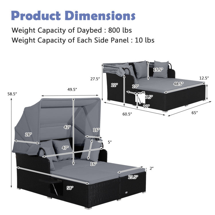 Costway Outdoor Patio Rattan Daybed with Retractable Canopy & Side Tables - Black - Perfect for Poolside Lounging, Garden Relaxation & Backyard Sunbathing