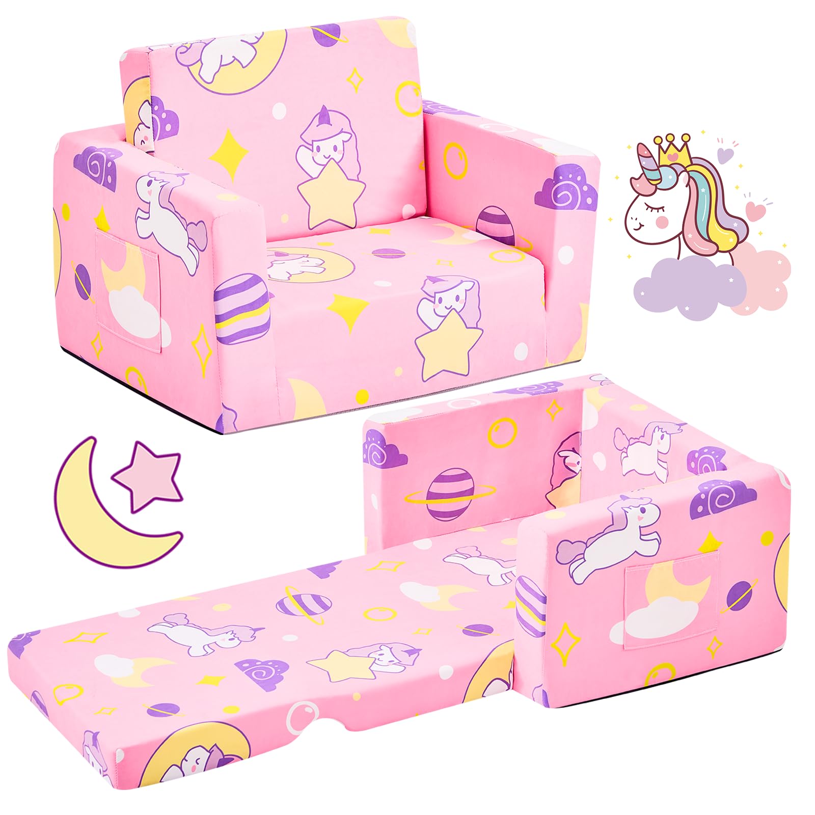 Unicorn Toddler Couch for Kids - 2-in-1 Convertible Sofa to Lounger, Foldable Kids Chair & Couch Set for Boys & Girls - Perfect for Playroom, Nursery, or Bedroom - Medium Size Toddler Furniture Gift