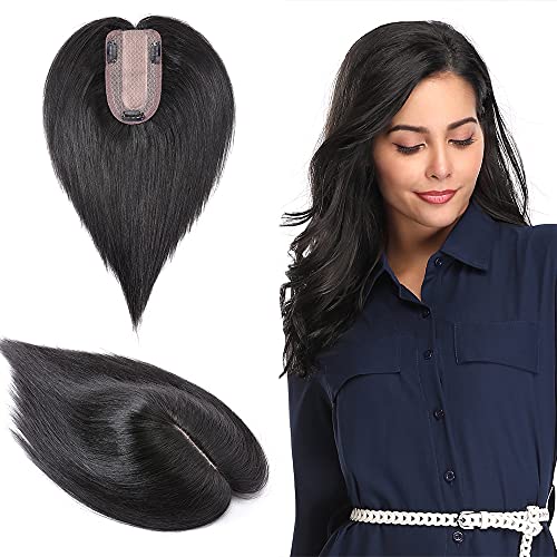 Clip in Human Hair Topper with Silk Base - Natural Looking Hairpiece for Thinning Hair - Perfect for Daily Wear, Special Occasions & Styling