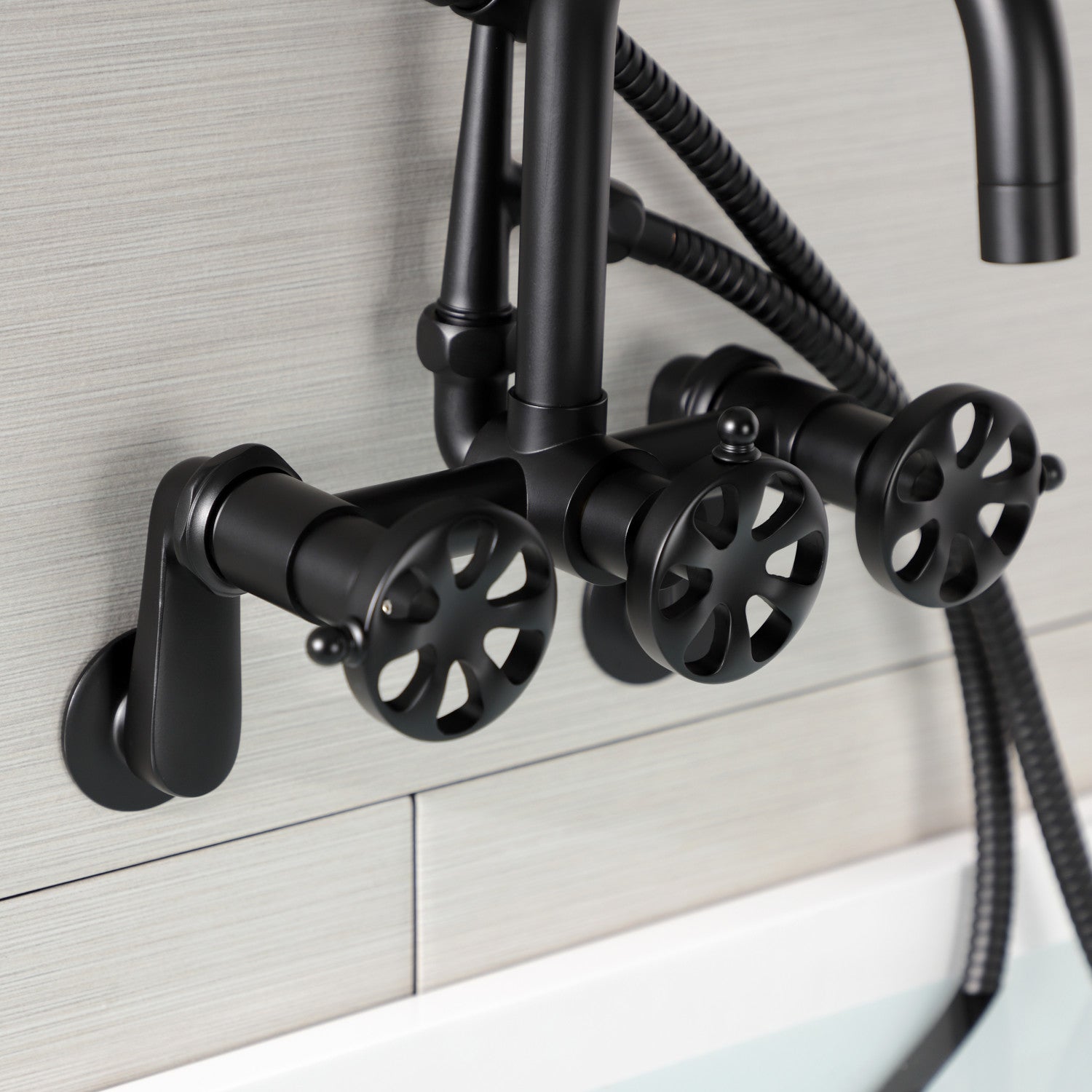 Belknap AE8450RX Matte Black 3-Handle Wall Mount Clawfoot Bathtub Faucet with Hand Shower - Vintage Style Bathroom Fixture for Classic & Modern Homes