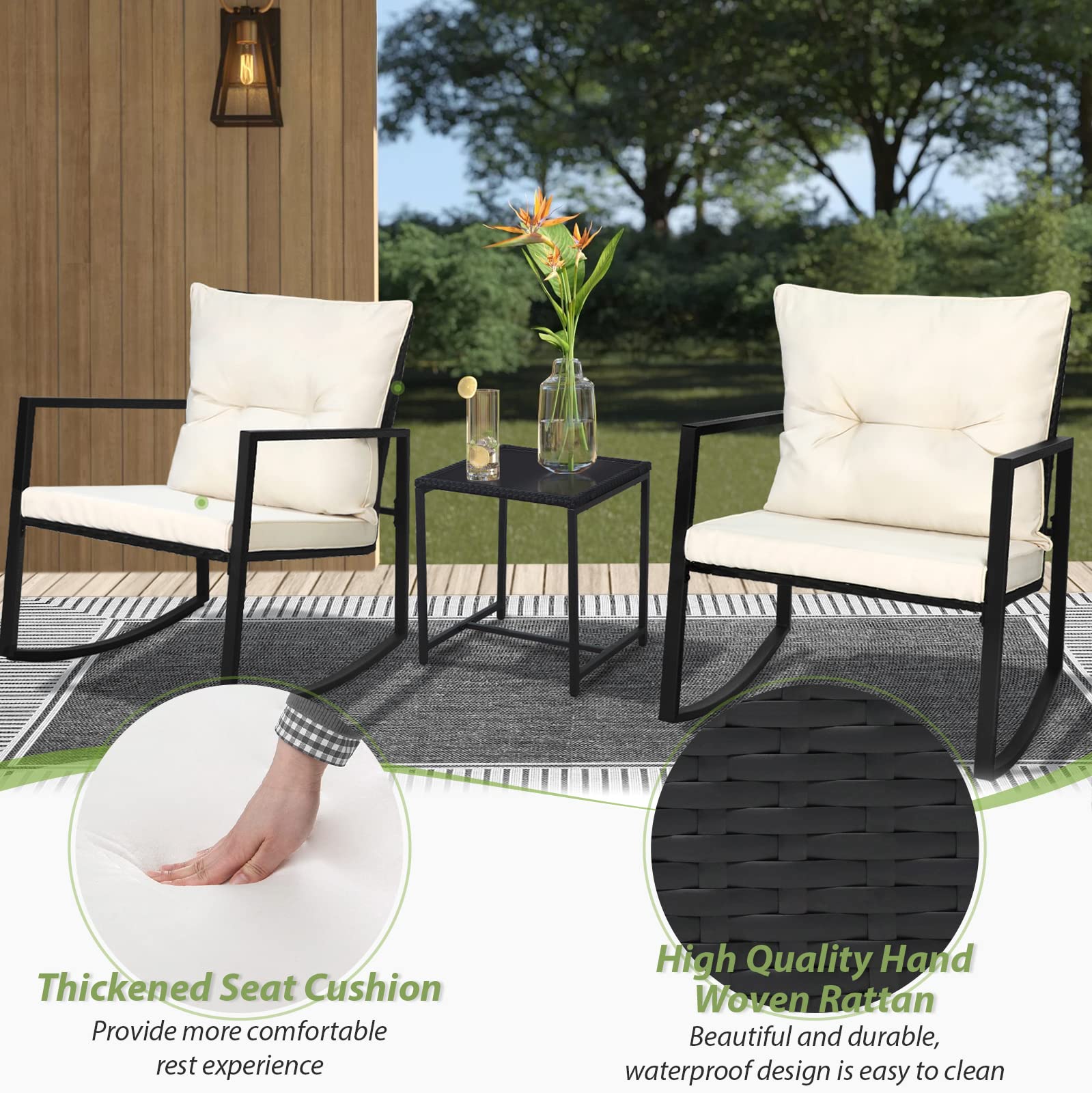 SUNCROWN 3-Piece Outdoor Rocking Bistro Set - Black Wicker Patio Furniture with Glass Coffee Table, Beige Cushions - Perfect for Porch, Garden, and Backyard Relaxation