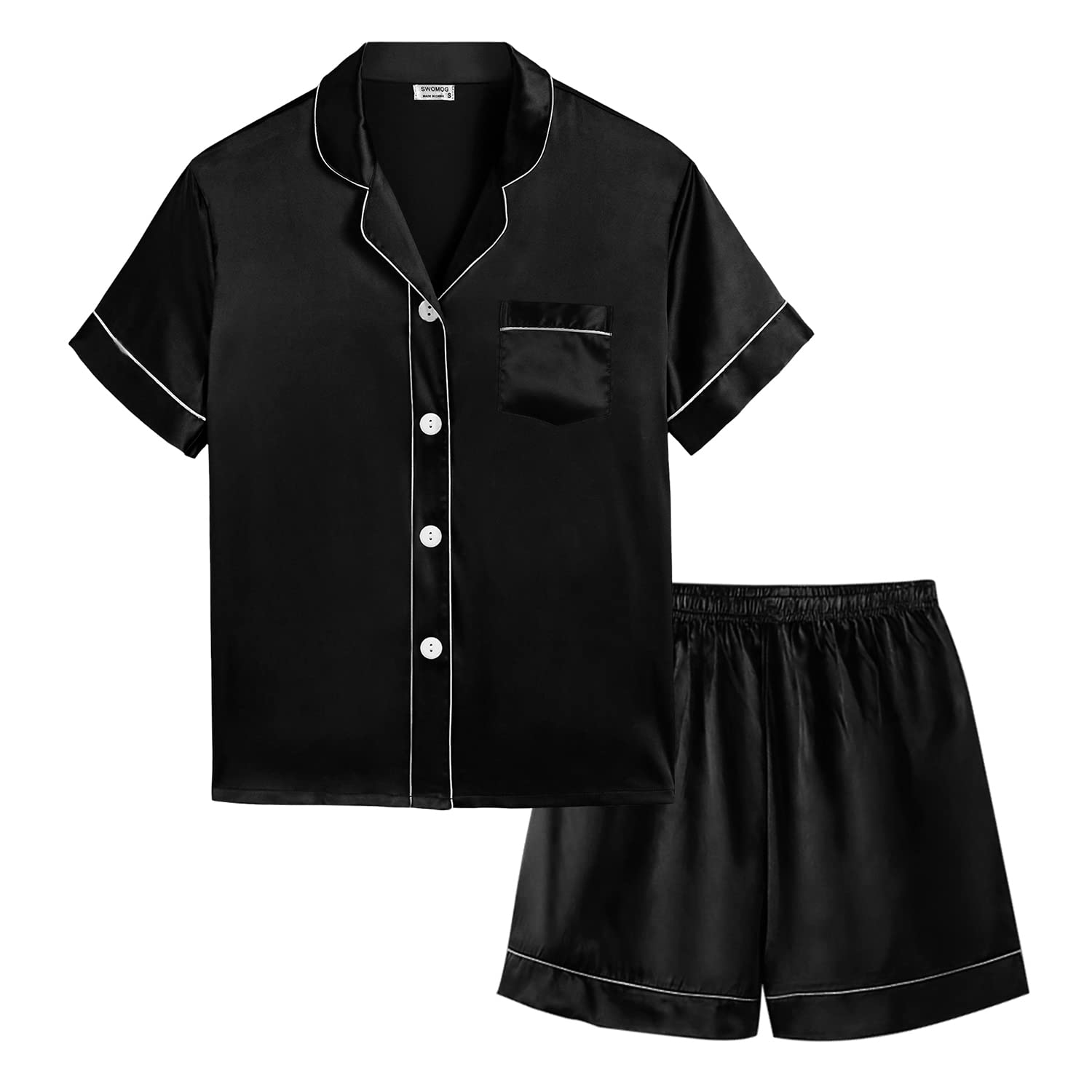 SWOMOG Kids Silk Satin Pajamas Set for Girls & Boys - Soft Button-Down Sleepwear, Short Sleeve 2-Piece PJs & Lounge Set - Perfect for Bedtime, Sleepovers & Relaxing at Home