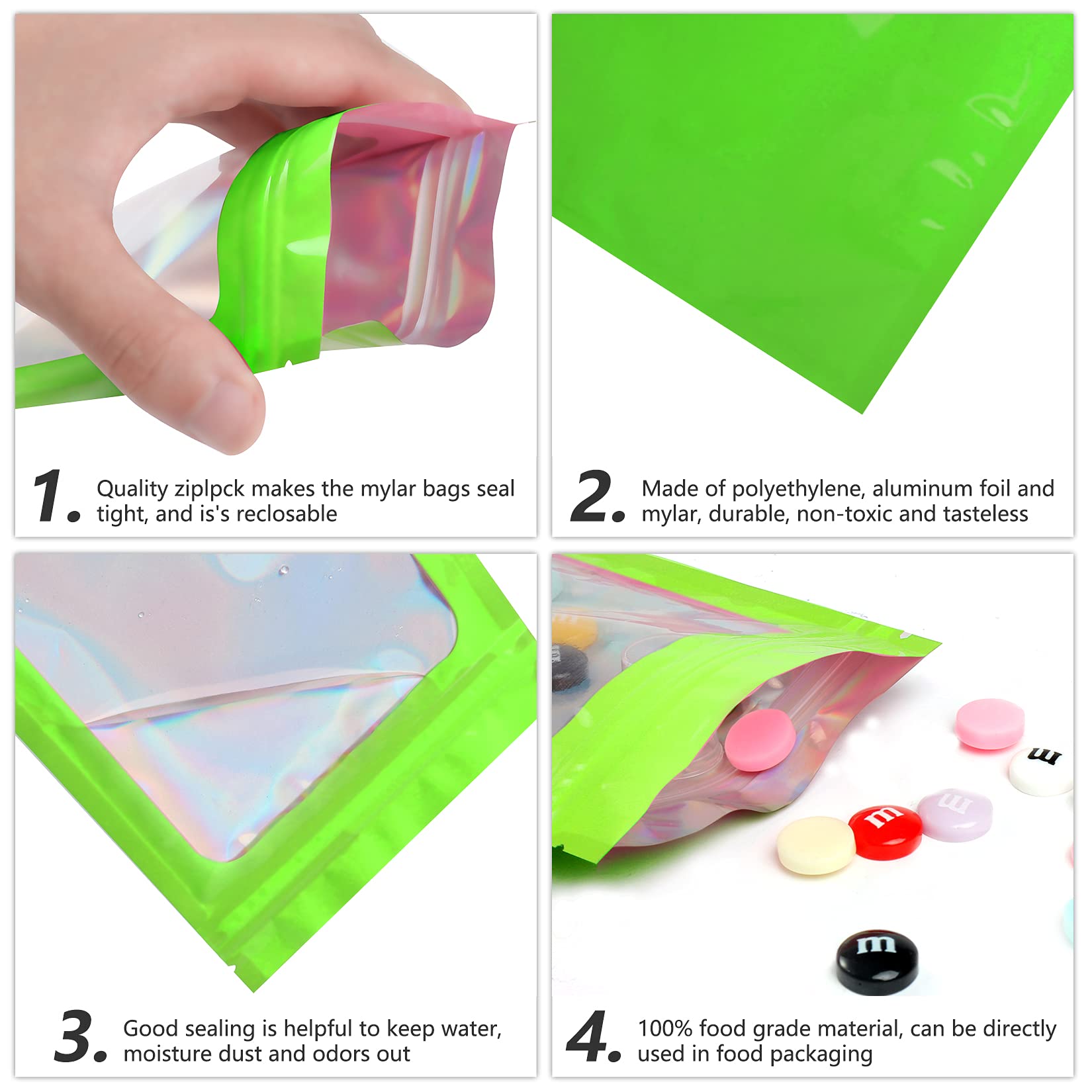 100-Pack Green Smell Proof Mylar Holographic Bags | Resealable Odor Proof Packaging for Food Storage, Lip Gloss, Jewelry & Eyelash Extensions | Small Business Supplies (4x6 Inch) | Perfect for Home Organization & Retail Display