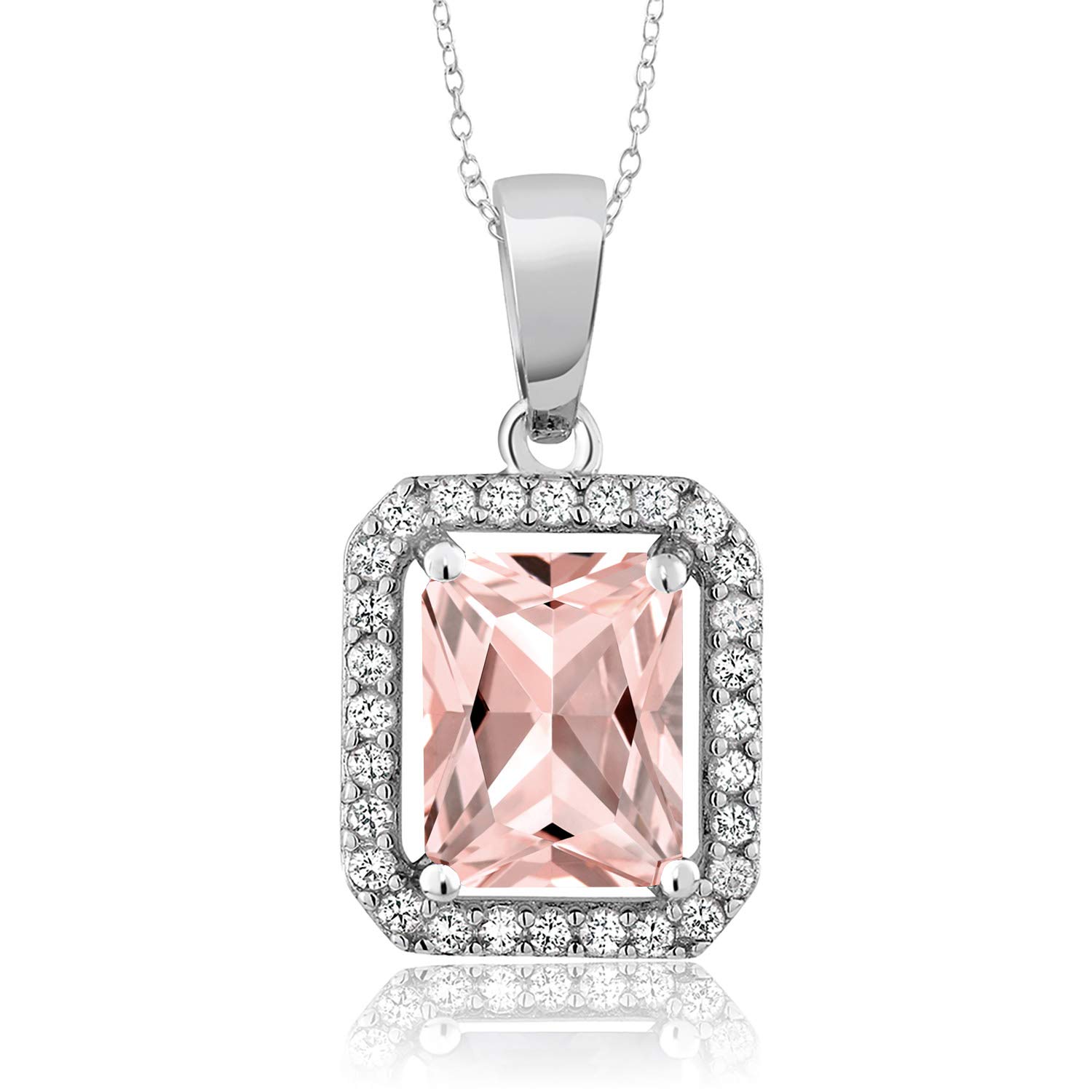 Gem Stone King 925 Sterling Silver Emerald Cut 9X7MM Birthstone Halo Pendant Necklace for Women with 18 Inch Silver Chain | Elegant Jewelry Gift for Birthday, Anniversary & Special Occasions
