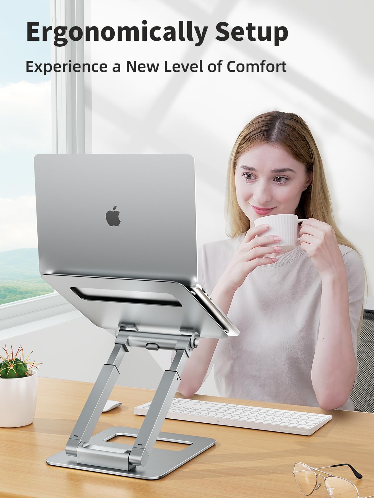 Adjustable Height Laptop Stand for Desk, Ergonomic Sit-Stand Computer Riser for Posture Support, Aluminum Laptop Holder for Spine Protection, Compatible with MacBook Pro & All 10-17