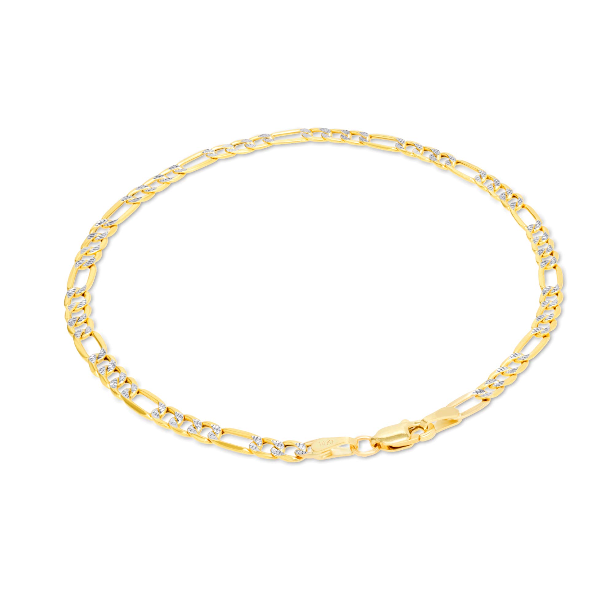 14K Real Yellow Gold Figaro Link Chain Bracelet - 4mm Diamond Cut Pave Design (7