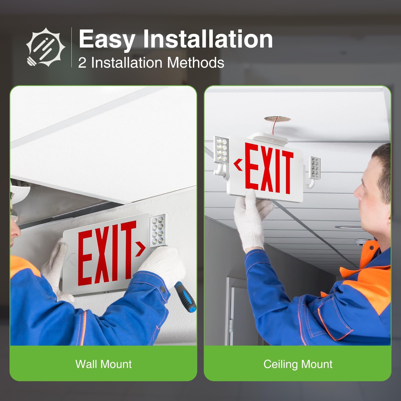 FREELICHT 6 Pack LED Double-Sided Emergency Exit Signs with Battery Backup - UL Certified, Hardwired 120/277V AC, Adjustable Brightness - Perfect for Offices, Schools, Hospitals & Commercial Buildings