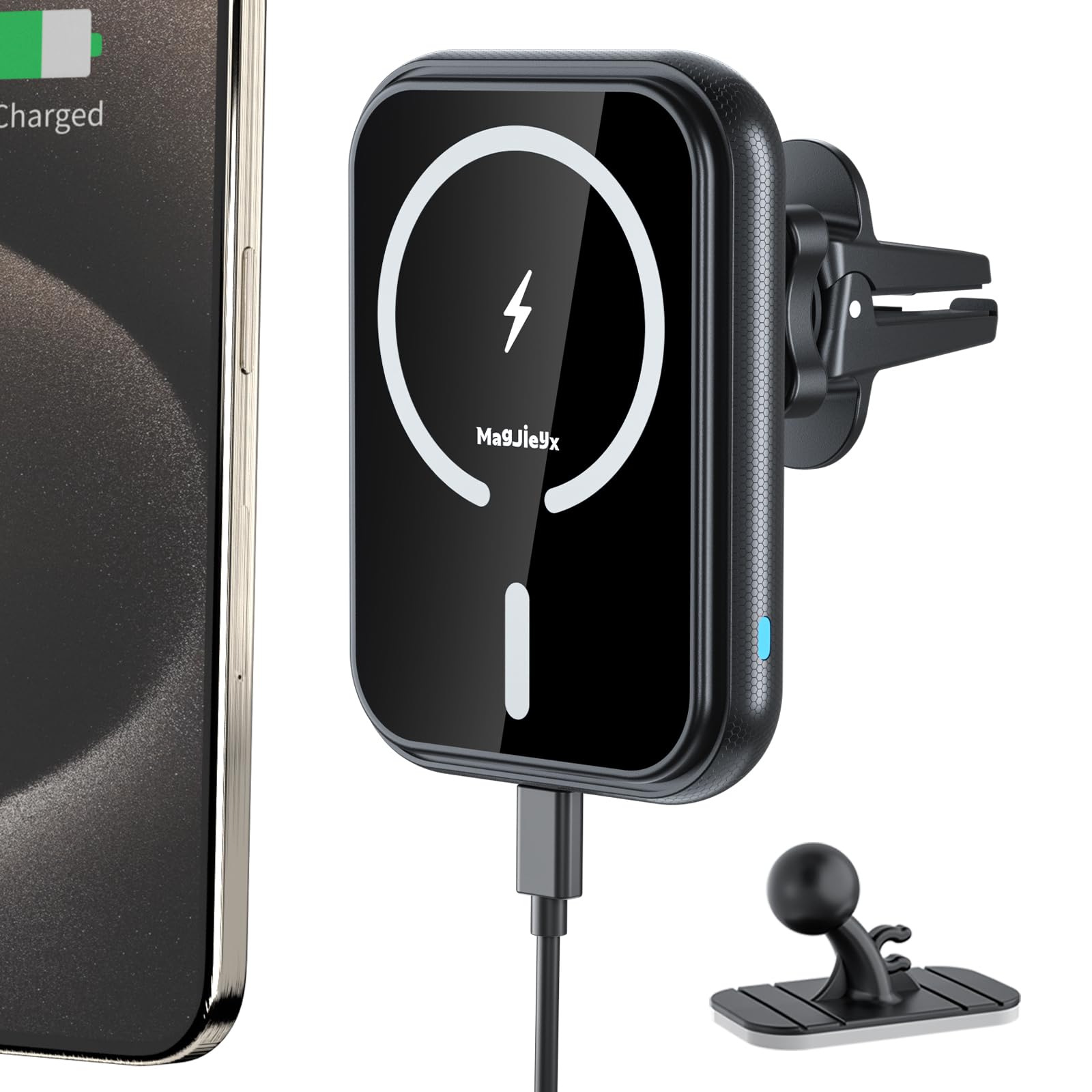 MAGJIEYX MagSafe Car Mount Charger - 15W Fast Wireless Charger for iPhone 15/14/13/12 - Stable on Bumpy Roads