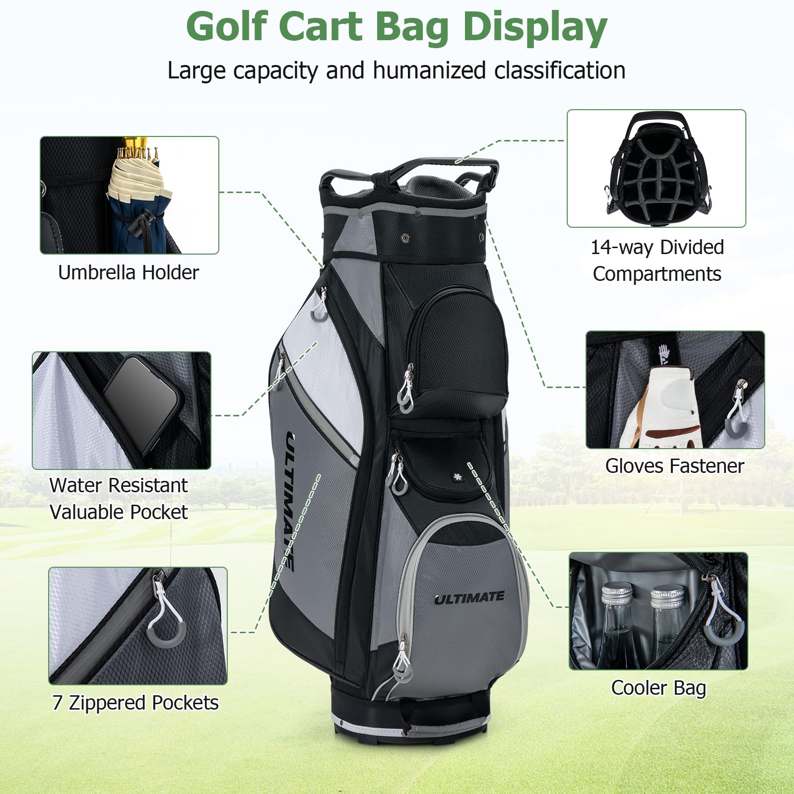 **Tangkula 14-Way Golf Cart Bag - Lightweight Waterproof Golf Club Bag with Cooler Pocket, Rain Hood & Shoulder Strap - Ideal for Men & Women Golfers on the Course**    *(Use Case: Perfect for golf tournaments, driving ranges, and casual rounds with durable storage for clubs, accessories, and drinks.)*