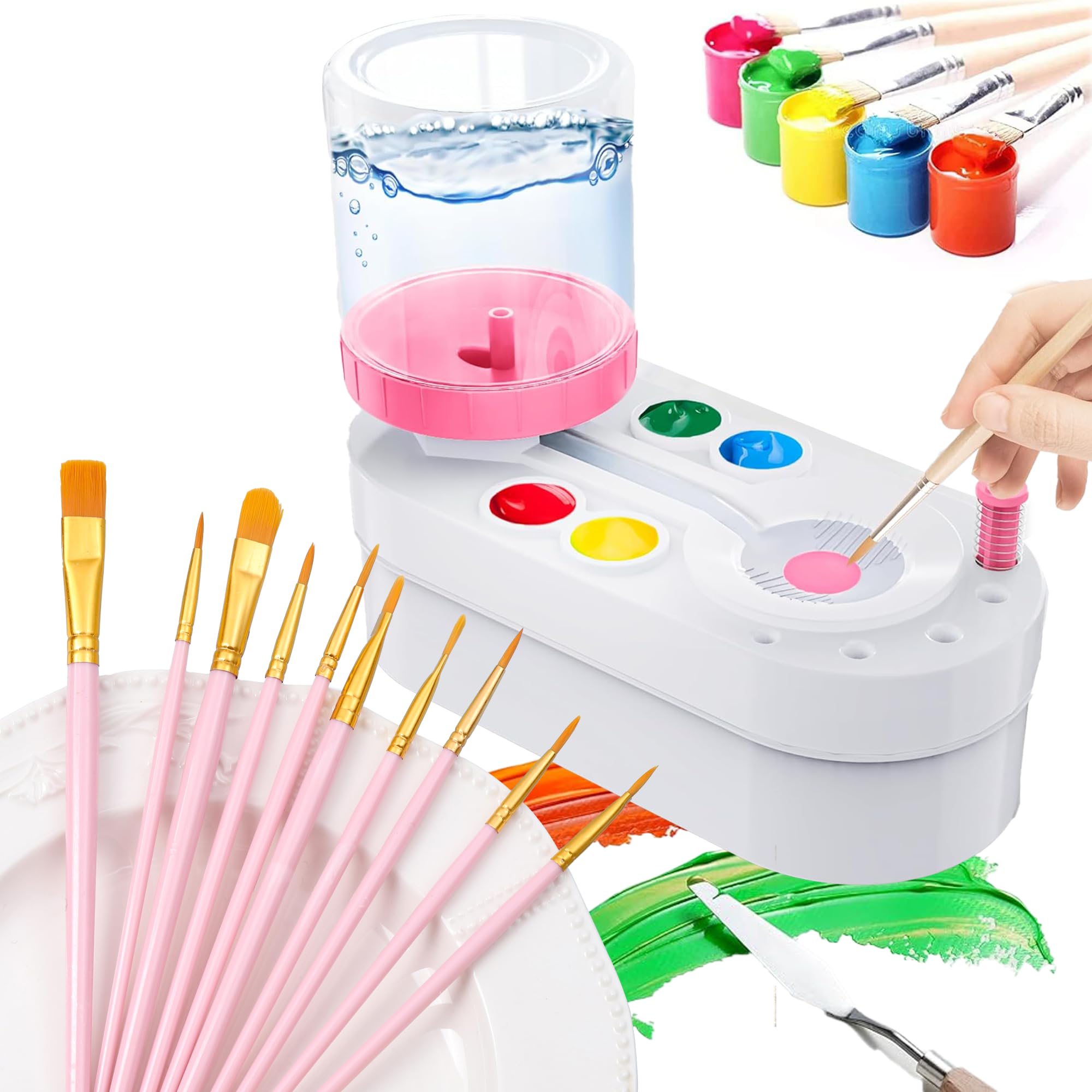Upgraded Paint Brush Cleaner with Water Circulation - 10 Painting Brushes & Accessories Set - Kids Painting Station with Drain & Brush Holder - Professional Artist Brush Rinser Tool for Adults & Children (Pink) - Perfect for Art Class, Home Studio & DIY Painting Projects