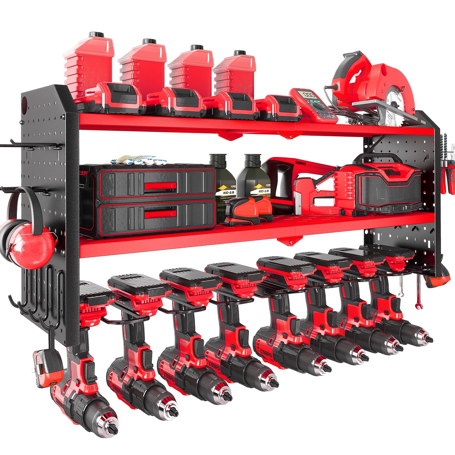 KAFAHOM Heavy Duty Metal Power Tool Organizer - Large 8 Drill Holder Wall Mount with 2 Side Pegboards & 12 Hooks, Garage Storage Rack for Cordless Tools, Batteries & Accessories - Perfect for Workshop, Garage & DIY Projects (Red)