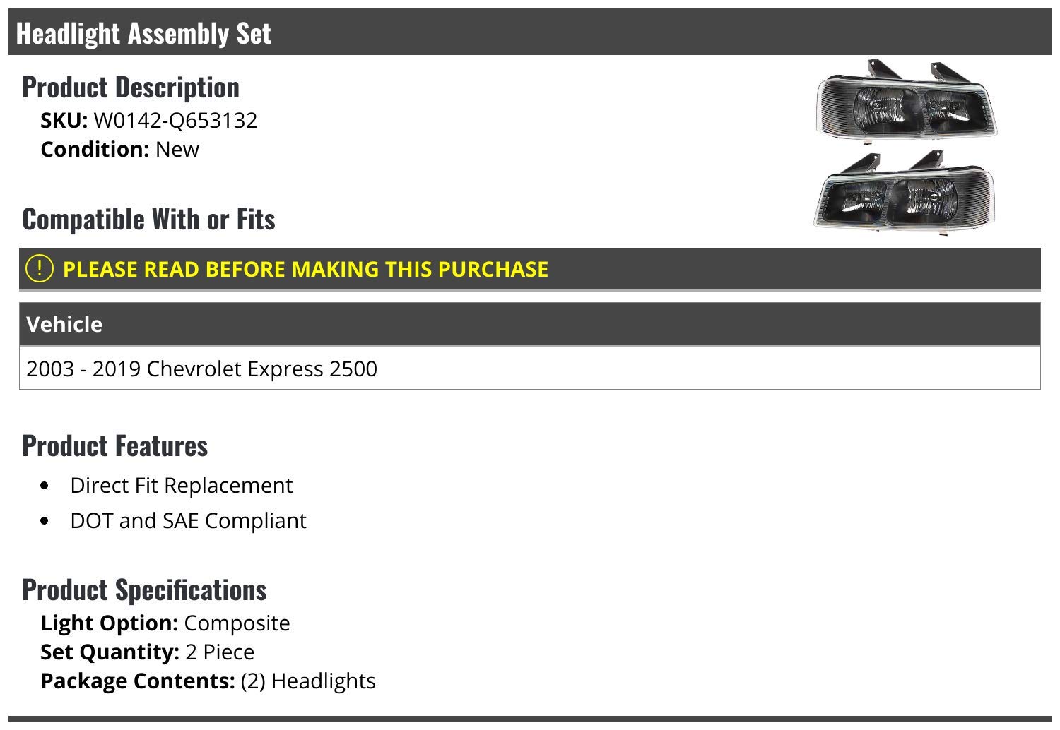 Chevy Express 2500 Headlight Assembly Set (2003-2019) - 2-Piece Replacement Headlights for Improved Night Visibility - Perfect for Off-Roading, Night Driving & Vehicle Upgrades