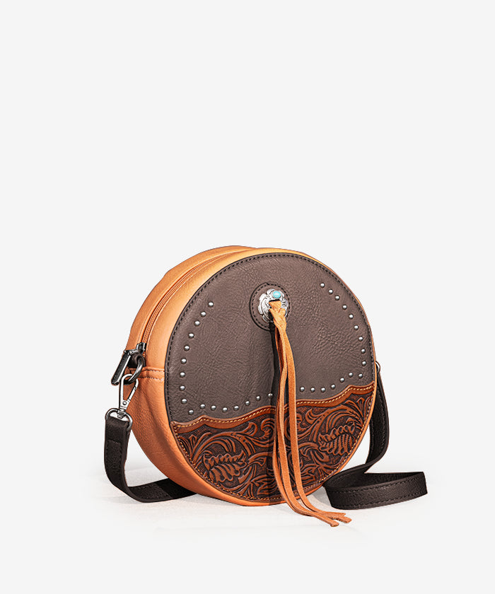 Montana West Tooled Leather Circle Crossbody Bag for Women - Stylish Boho Shoulder Purse for Everyday Use, Travel & Shopping