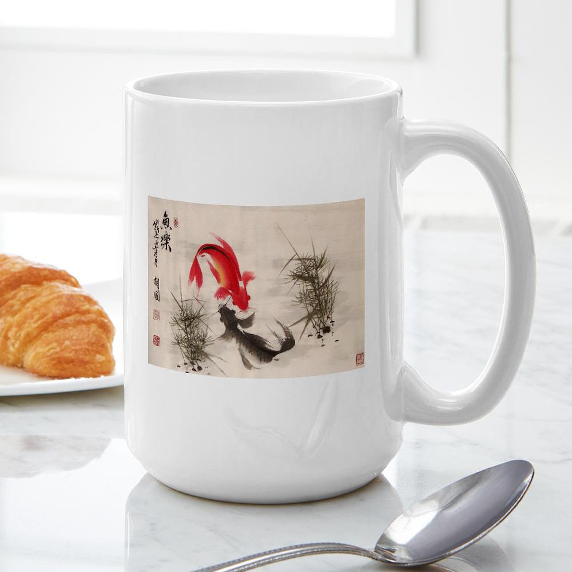 Premium 15 oz (444 ml) Ceramic Coffee Mug with Koi Fish Design - Perfect for Tea, Coffee & Hot Beverages at Home or Office