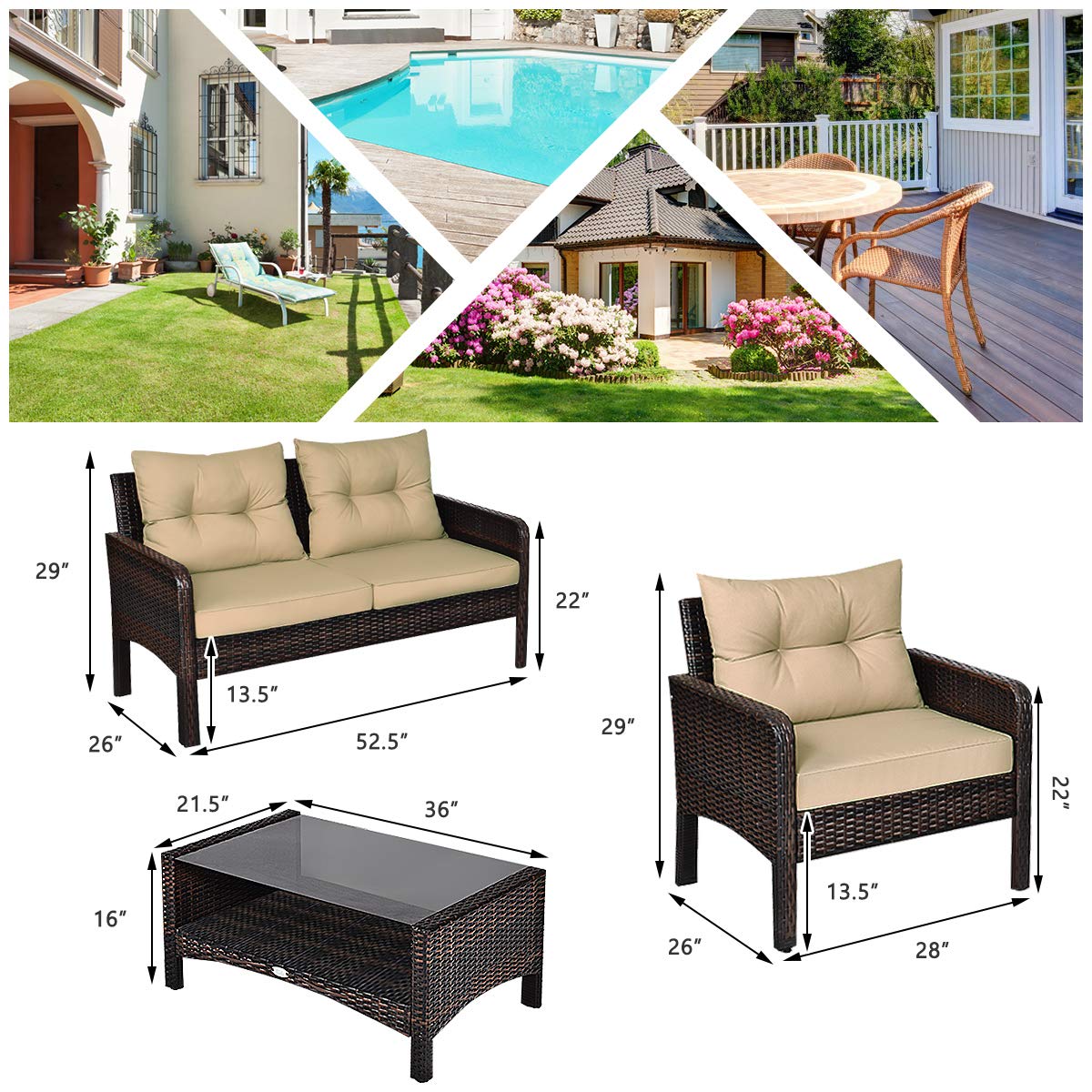 **HAPPYGRILL 4-Piece Outdoor Patio Furniture Set - Rattan Wicker Sofa with Cushions, Coffee Table with Tempered Glass Top & Storage Shelf - Perfect for Garden, Poolside, and Backyard Relaxation**