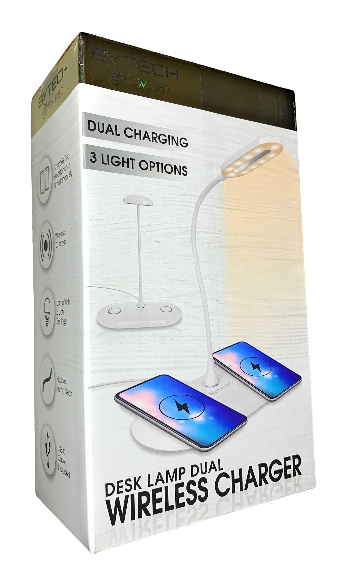 Bytech BPOPCP102WT Dual Wireless Charger Desk Lamp with LED Light - Black | Fast Charging for iPhone, Samsung, AirPods | Perfect for Office, Bedroom, Nightstand & Home Decor